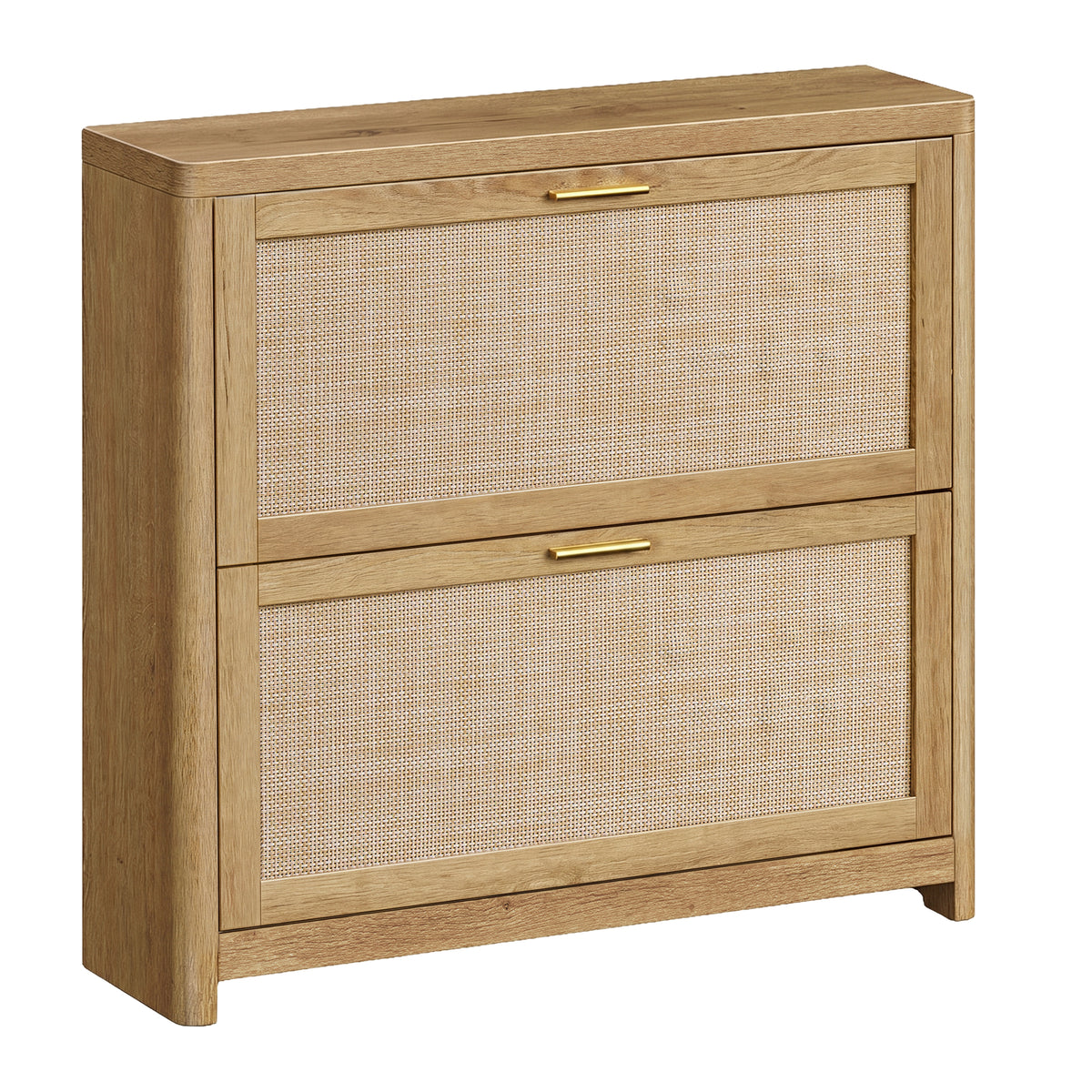 Slim Boho Shoe Cabinet with Rattan-Look Flip Drawers, Narrow Entryway Storage, Rounded Corners, Fits 14–16 Pairs, Natural Brown