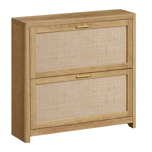 Slim Boho Shoe Cabinet with Rattan-Look Flip Drawers, Narrow Entryway Storage, Rounded Corners, Fits 14–16 Pairs, Natural Brown