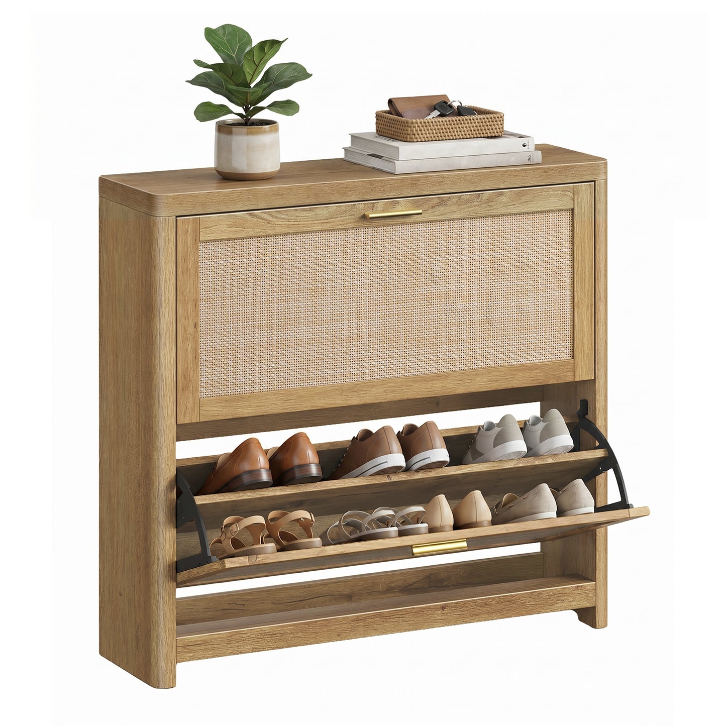 Slim Boho Shoe Cabinet with Rattan-Look Flip Drawers, Narrow Entryway Storage, Rounded Corners, Fits 14–16 Pairs, Natural Brown