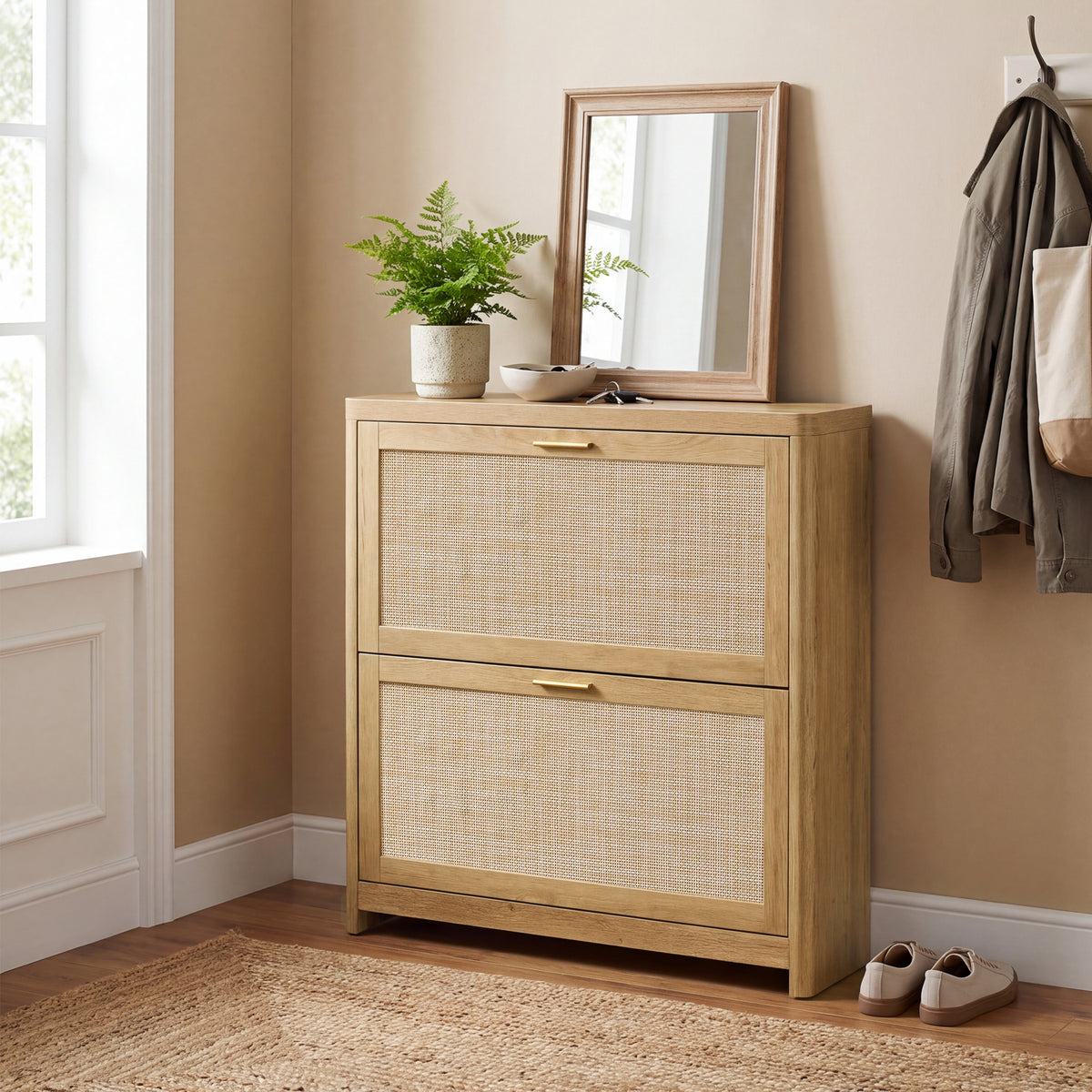 Slim Boho Shoe Cabinet with Rattan-Look Flip Drawers, Narrow Entryway Storage, Rounded Corners, Fits 14–16 Pairs, Natural Brown