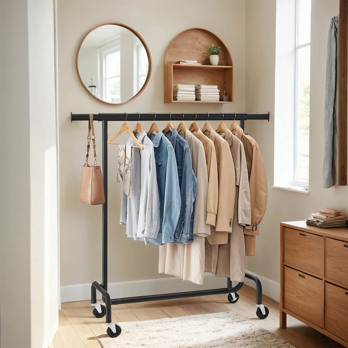 Heavy-Duty Garment Rack with Wheels, Extendable Hanging Rod, 286.6 lb Capacity, 17.7 x (43.3-59.1) x 64.1 Inches, Chrome-Plated Steel, Matte Black