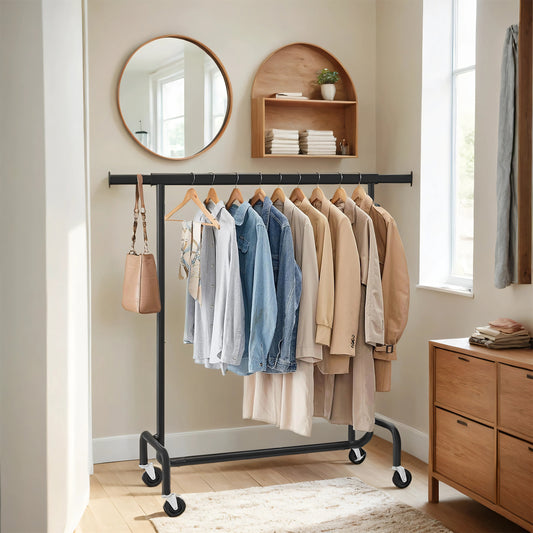 Heavy-Duty Garment Rack with Wheels, Extendable Hanging Rod, 286.6 lb Capacity, 17.7 x (43.3-59.1) x 64.1 Inches, Chrome-Plated Steel, Matte Black