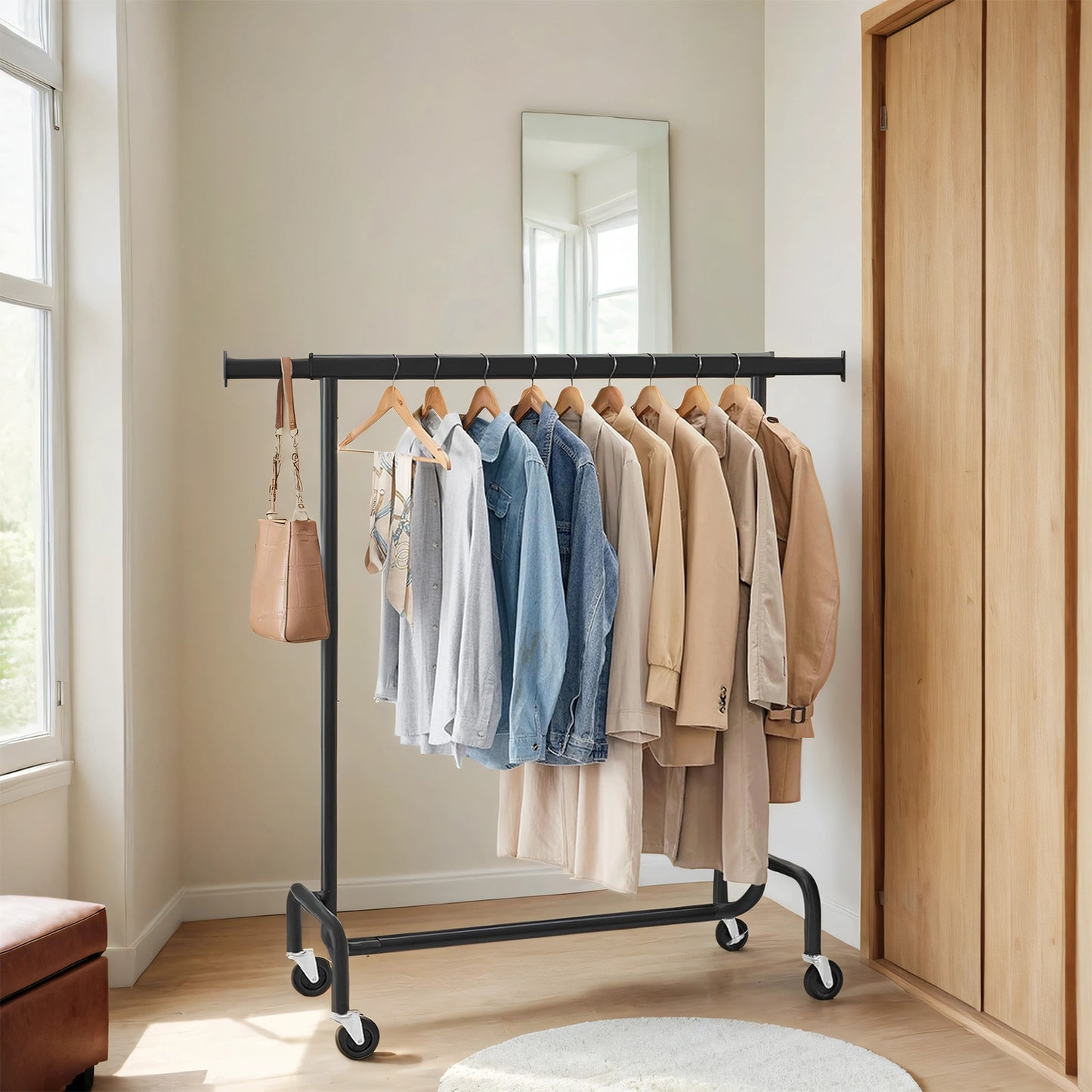 Heavy-Duty Garment Rack with Wheels, Extendable Hanging Rod, 286.6 lb Capacity, 17.7 x (43.3-59.1) x 64.1 Inches, Chrome-Plated Steel, Matte Black