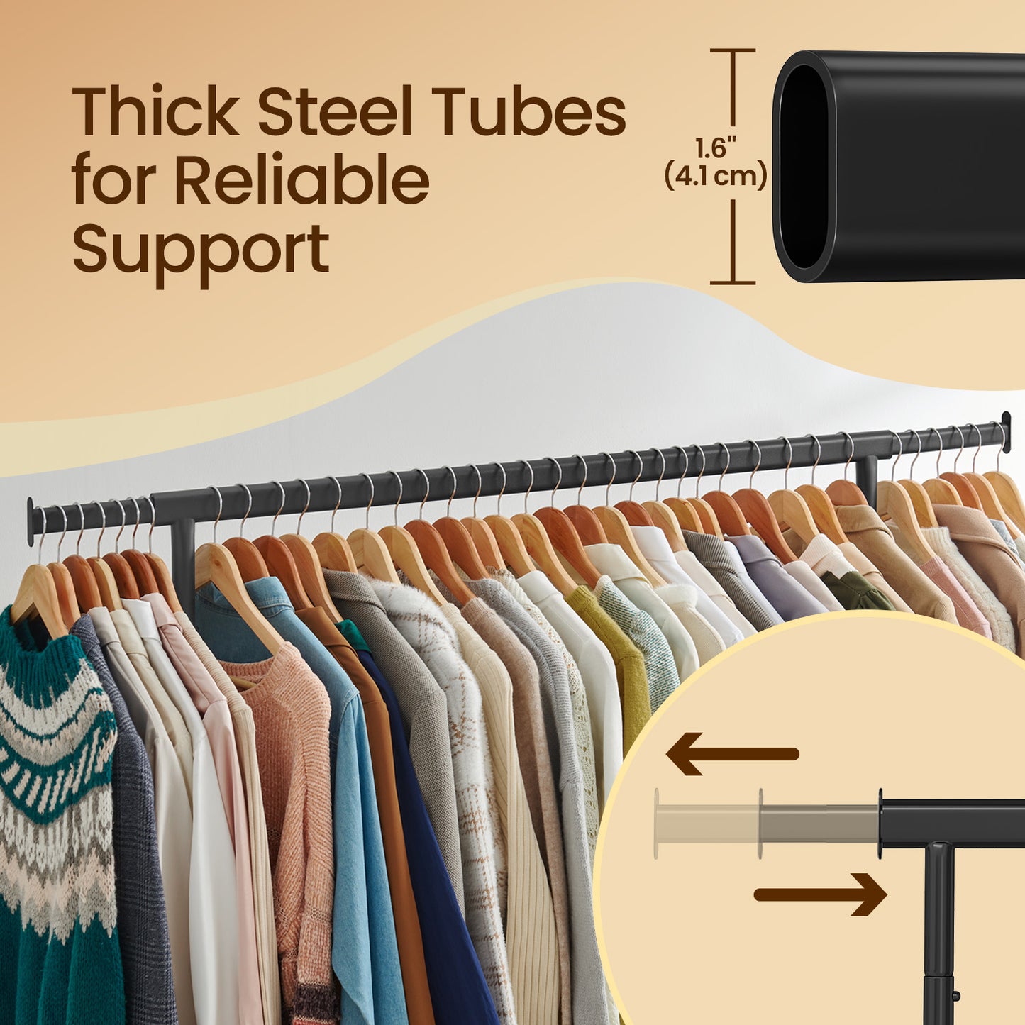 Heavy-Duty Garment Rack with Wheels, Extendable Hanging Rod, 286.6 lb Capacity, 17.7 x (43.3-59.1) x 64.1 Inches, Chrome-Plated Steel, Matte Black