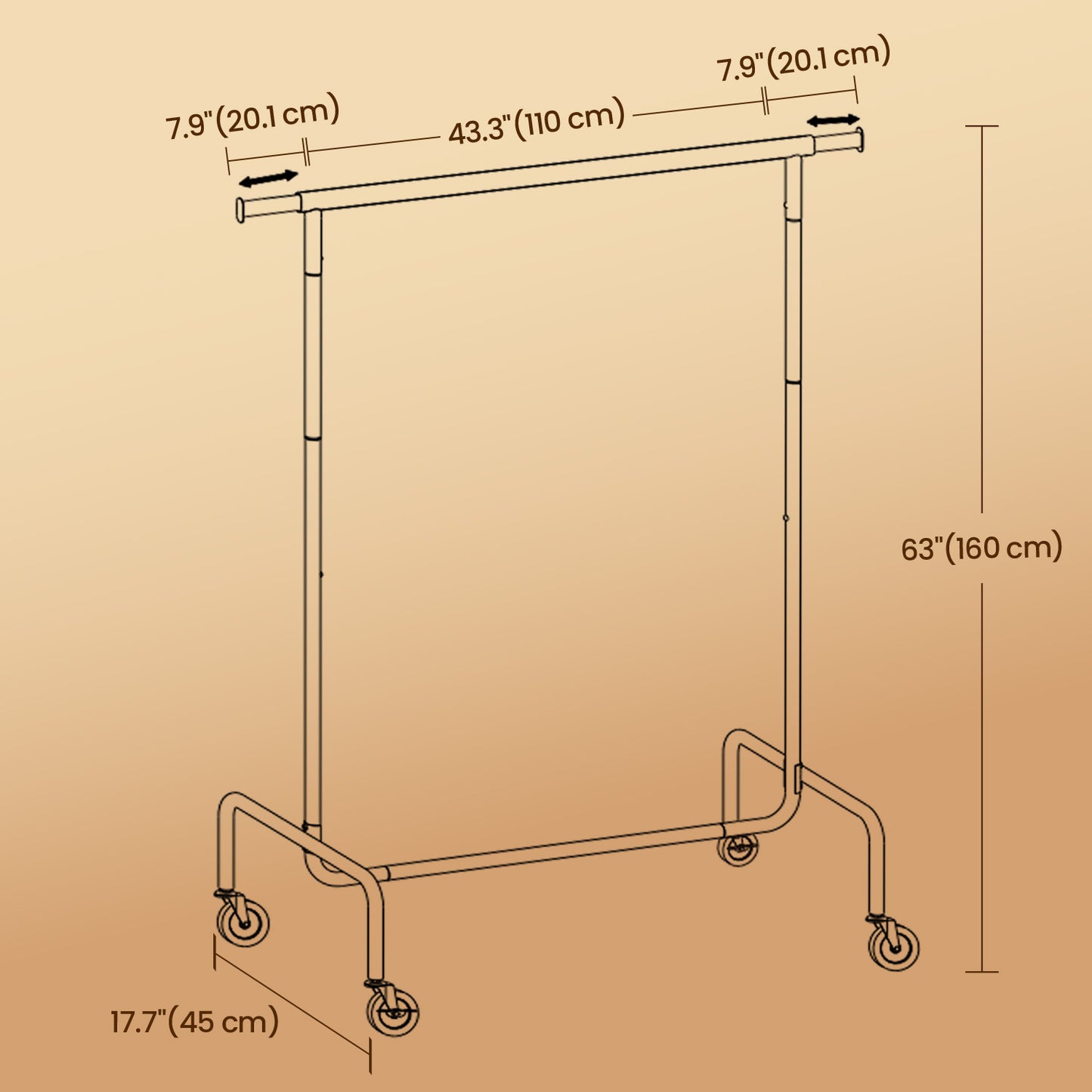 Heavy-Duty Garment Rack with Wheels, Extendable Hanging Rod, 286.6 lb Capacity, 17.7 x (43.3-59.1) x 64.1 Inches, Chrome-Plated Steel, Matte Black