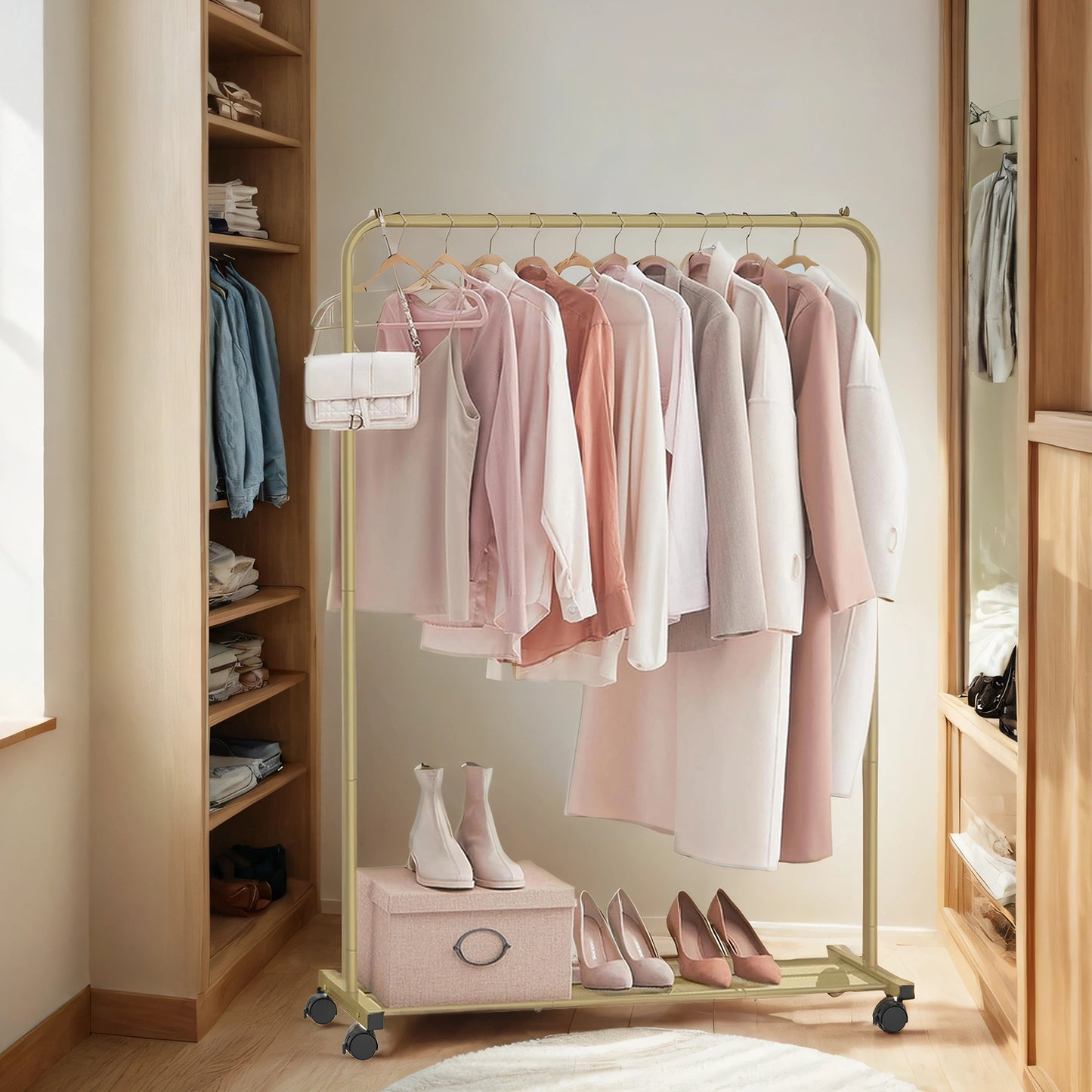 Heavy-Duty Rolling Garment Rack with Dense Mesh Shelf - 25.4mm Steel Frame, 110lb Capacity, 2 Locking Wheels, Fits 40+ Shirts, Gold