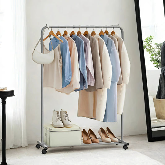 Garment Rack with Wheels & Storage Shelf, 25.4 mm Steel Frame, 110 lb Capacity, 2 Locking Casters, Holds 40+ Shirts，Shoes, Easy Assembly, Gray