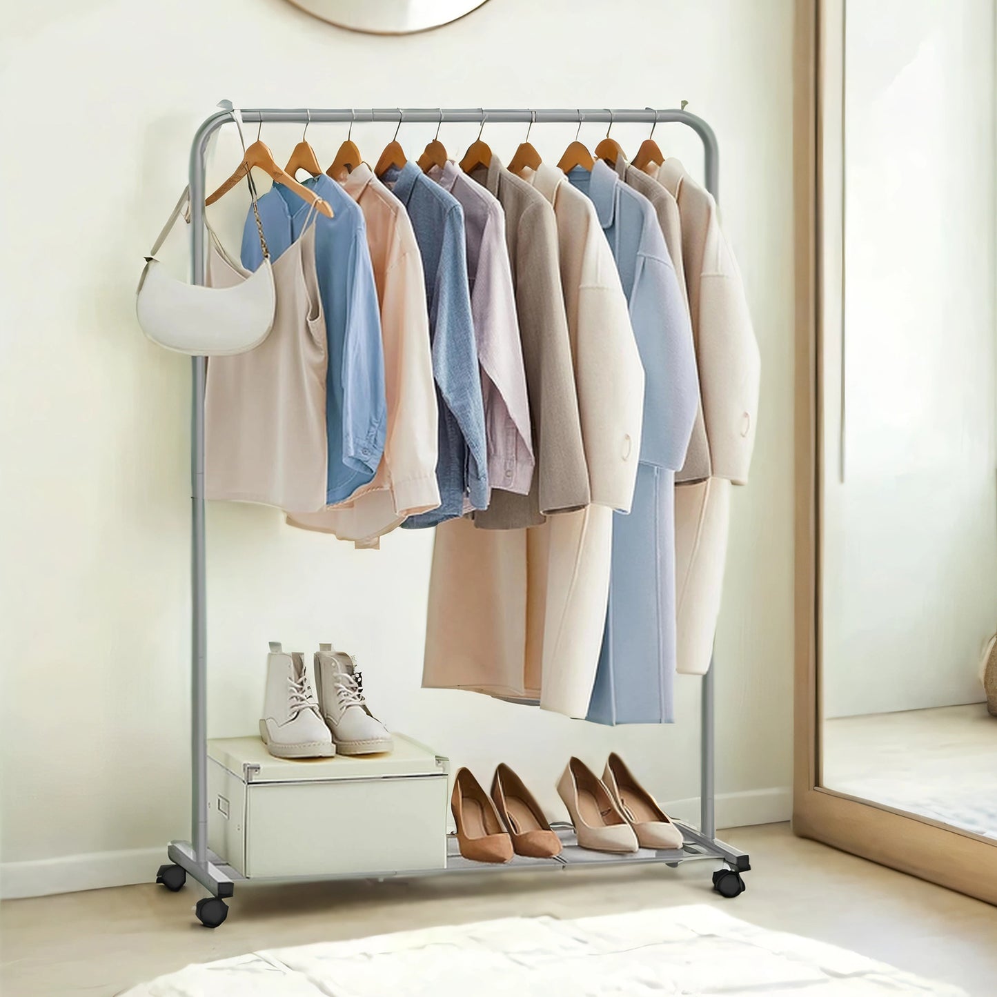 Garment Rack with Wheels & Storage Shelf, 25.4 mm Steel Frame, 110 lb Capacity, 2 Locking Casters, Holds 40+ Shirts，Shoes, Easy Assembly, Gray