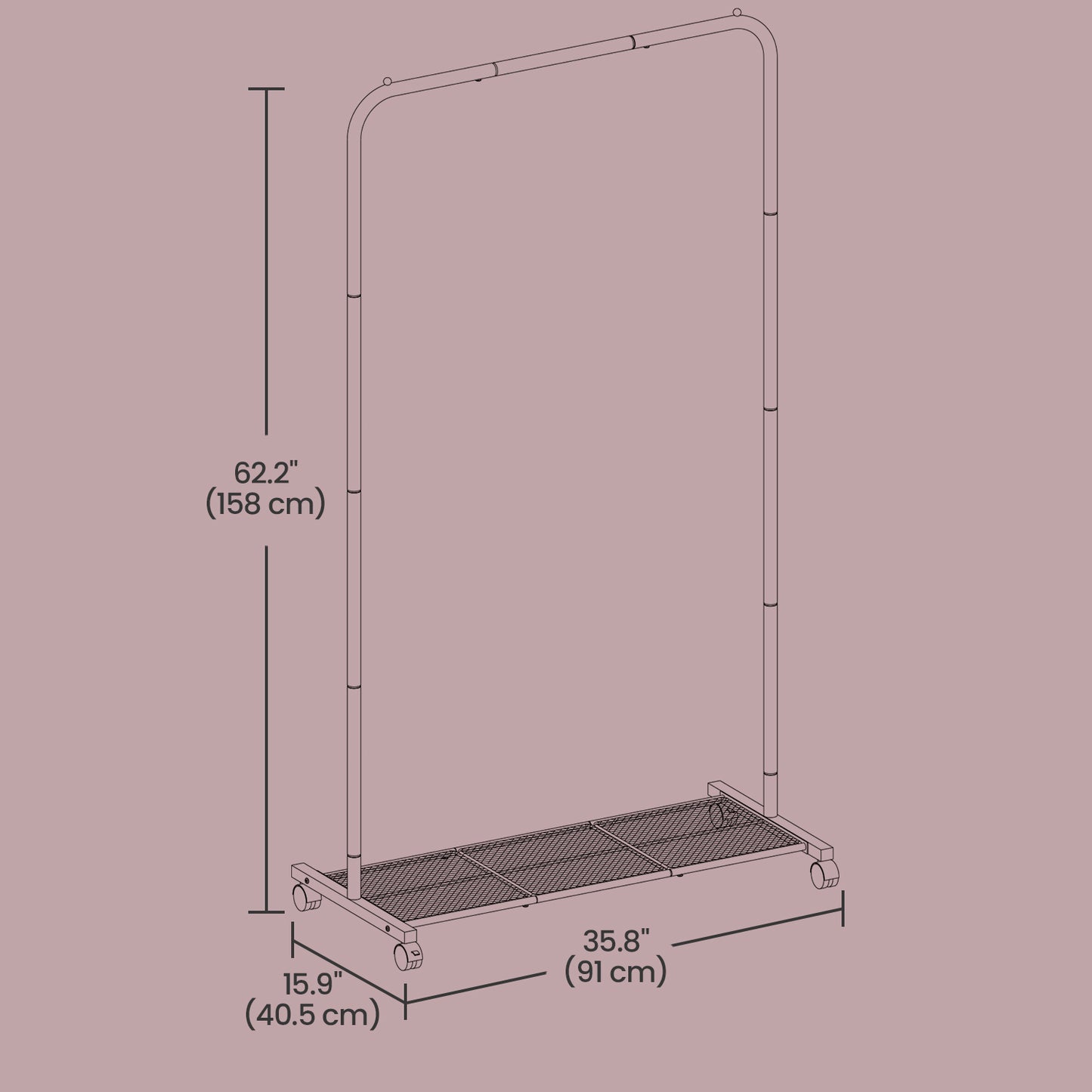 Garment Rack with Wheels & Storage Shelf, 25.4 mm Steel Frame, 110 lb Capacity, 2 Locking Casters, Holds 40+ Shirts，Shoes, Easy Assembly, Gray