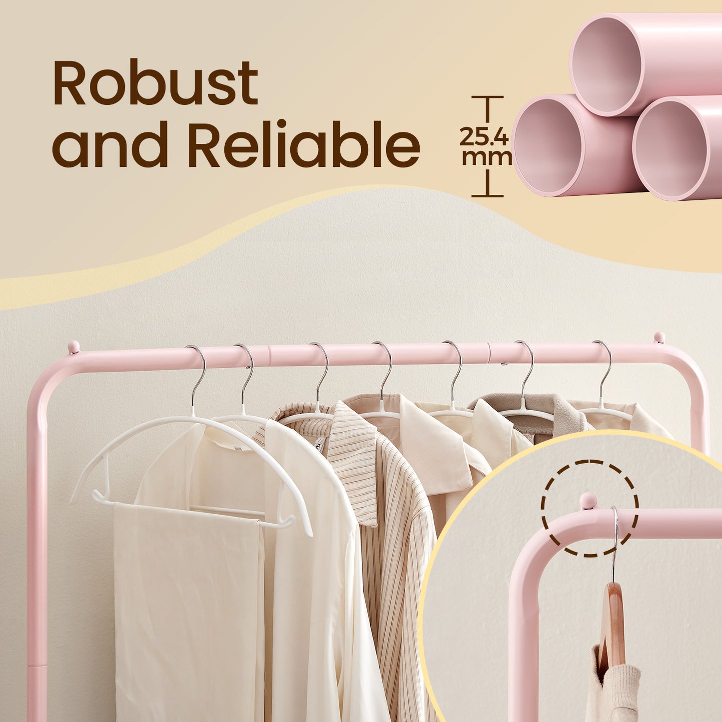 Heavy-Duty Mobile Garment Rack with Dense Mesh Shelf – 25.4mm Steel Frame, 110lb Capacity, 2 Locking Wheels, Holds 40+ Clothes, Pink