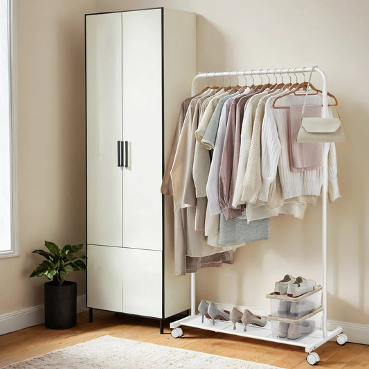 Heavy-Duty Garment Rack with Wheels & Mesh Shelf, 25.4mm Steel Frame, 110lb Capacity, 2 Locking Casters, Fits 40+ Shirts, Foldable, Cloud White