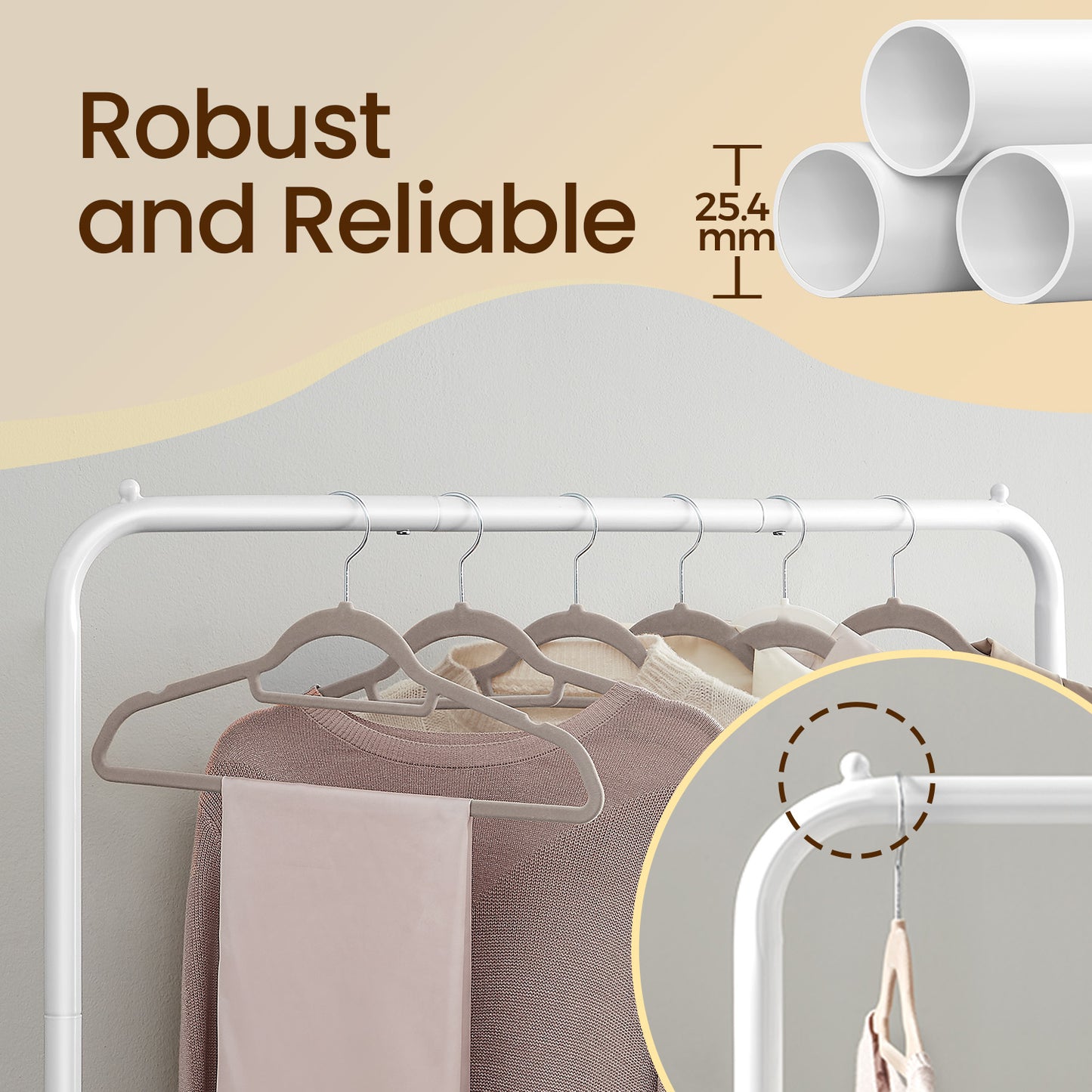Heavy-Duty Garment Rack with Wheels & Mesh Shelf, 25.4mm Steel Frame, 110lb Capacity, 2 Locking Casters, Fits 40+ Shirts, Foldable, Cloud White