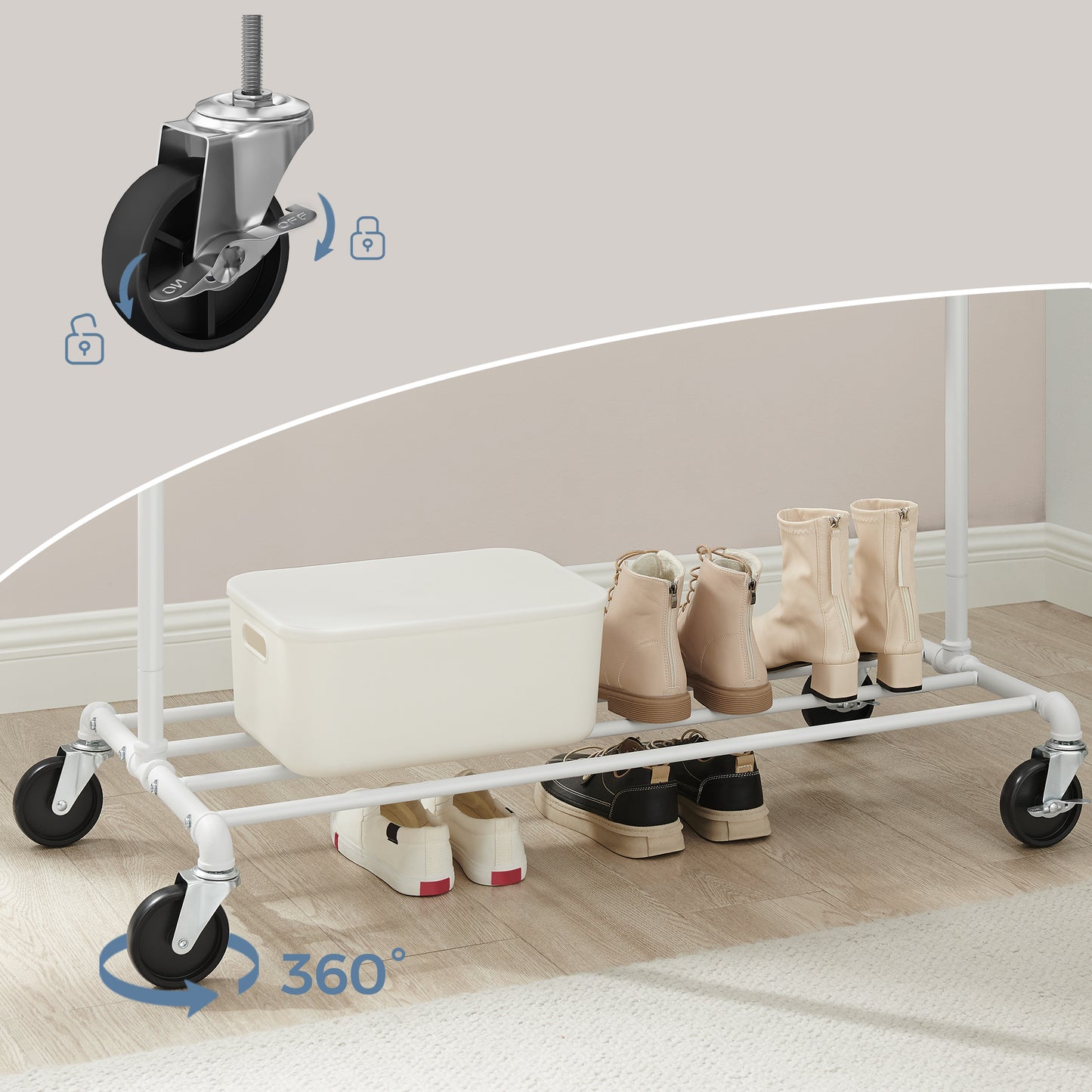Heavy-Duty Clothes Rack, Industrial Garment Rack on Wheels with Bottom Shelf, Metal Frame for Hanging Clothes, Commercial Display, White