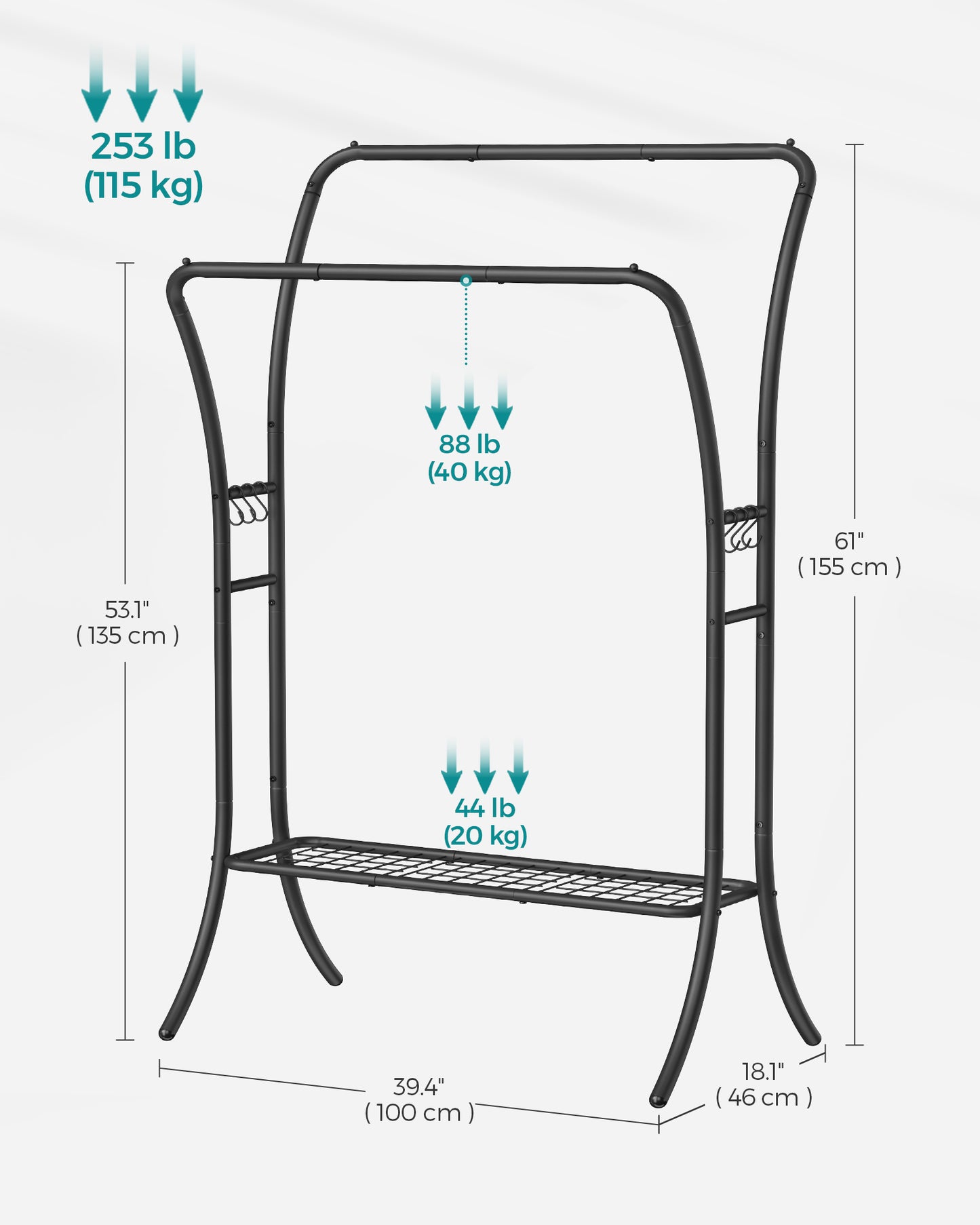 Clothes Rack, Heavy-Duty Garment Rack with Double Rods & Shelves, Clothing Storage with 6 Hooks for Bedroom Living Room, Ink Black