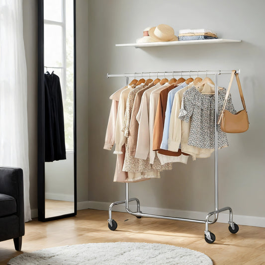 Heavy-Duty Garment Rack with Extendable Hanging Rod, 286 lb Capacity, 360° Swivel Wheels, Adjustable Width (43-59"), Chrome Steel, Silver