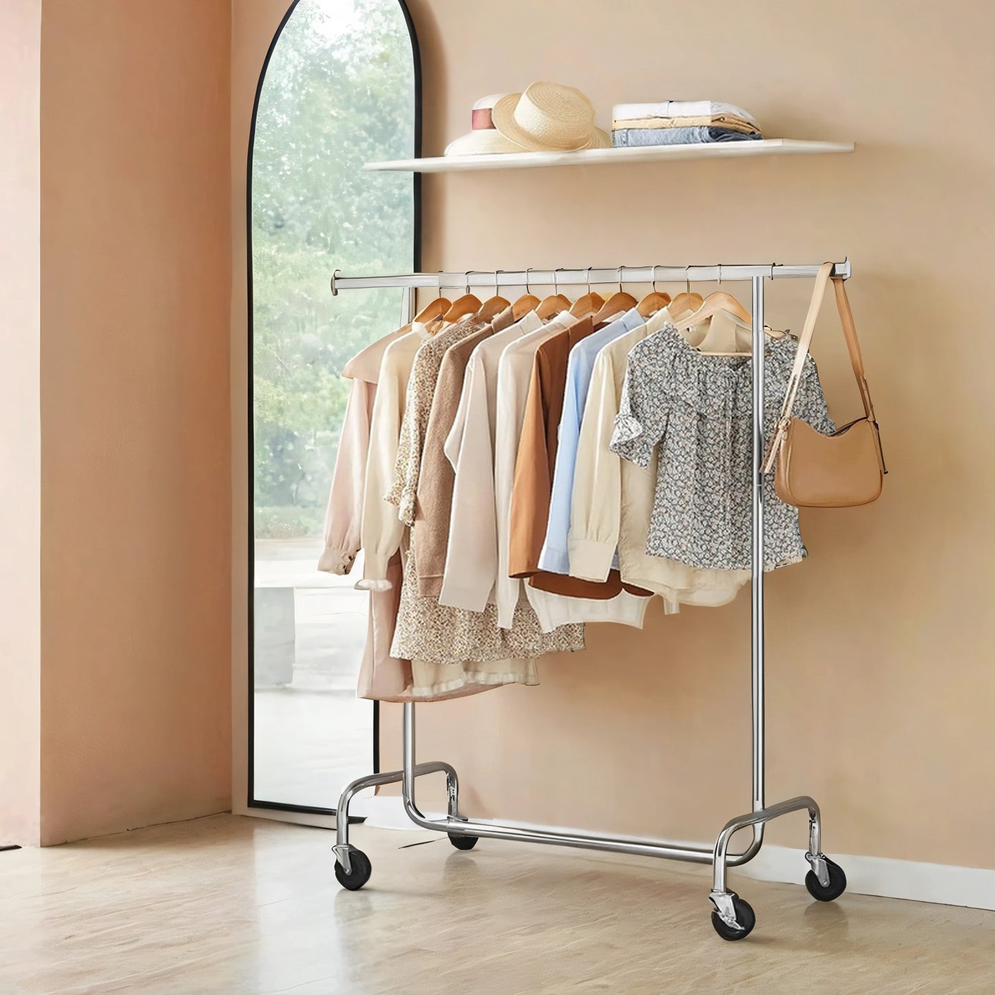 Heavy-Duty Garment Rack with Extendable Hanging Rod, 286 lb Capacity, 360° Swivel Wheels, Adjustable Width (43-59"), Chrome Steel, Silver