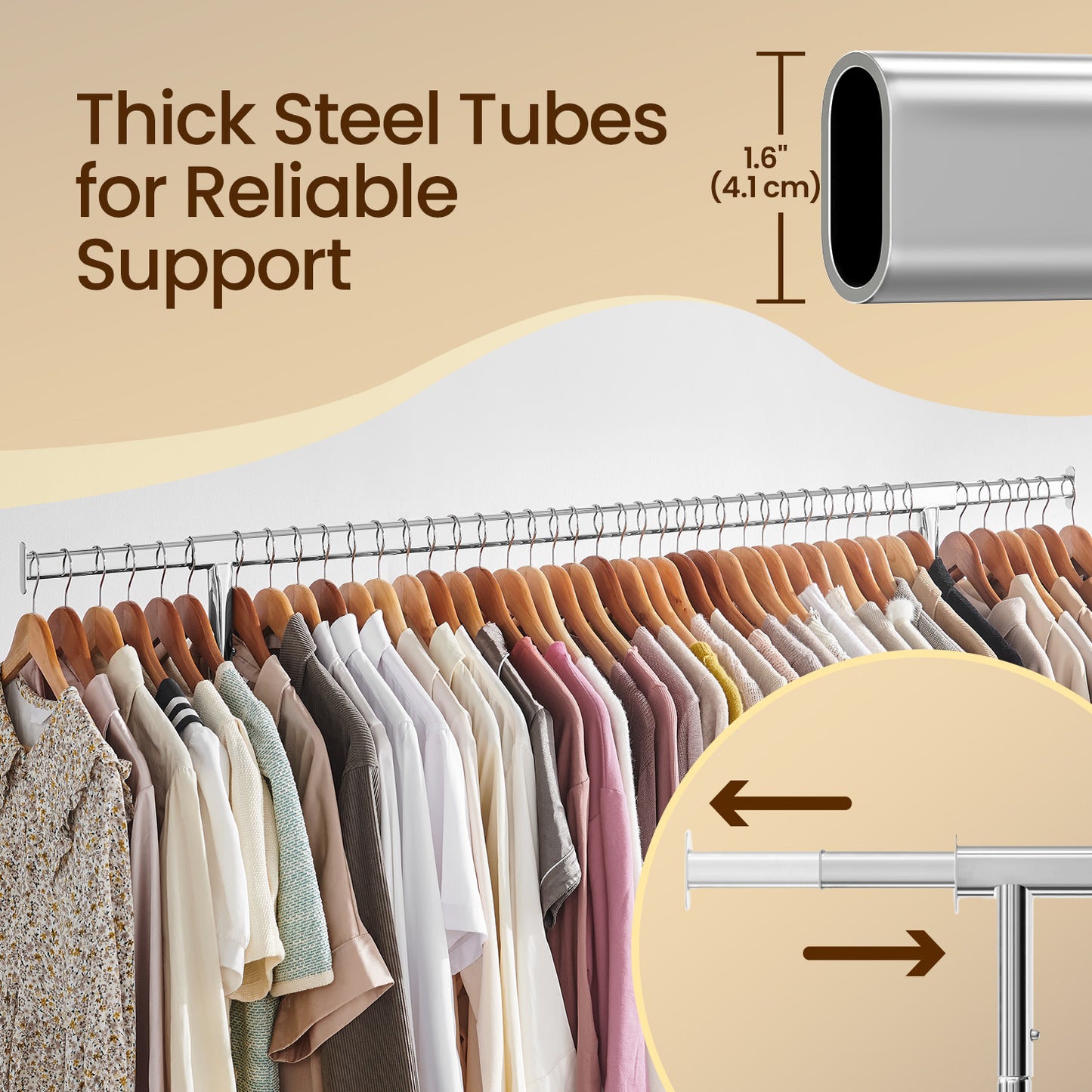 Heavy-Duty Garment Rack with Extendable Hanging Rod, 286 lb Capacity, 360° Swivel Wheels, Adjustable Width (43-59"), Chrome Steel, Silver