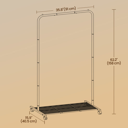 Heavy-Duty Rolling Garment Rack with Dense Mesh Shelf - 25.4mm Steel Frame, 110lb Capacity, 2 Locking Wheels, Fits 40+ Shirts, Gold