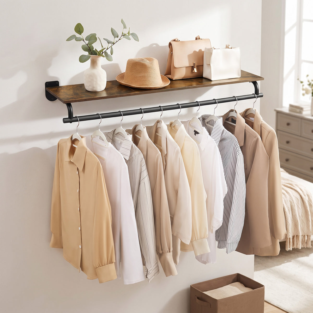 LEDREM Clothes Rack with Top Shelf, Wall Mounted Clothing Rack, with Hanging Rod, Entryway, Bedroom, Closet, Black and Tan