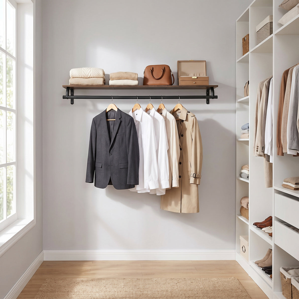 LEDREM Clothes Rack with Top Shelf, Wall Mounted Clothing Rack, with Hanging Rod, Entryway, Bedroom, Closet, Black and Tan