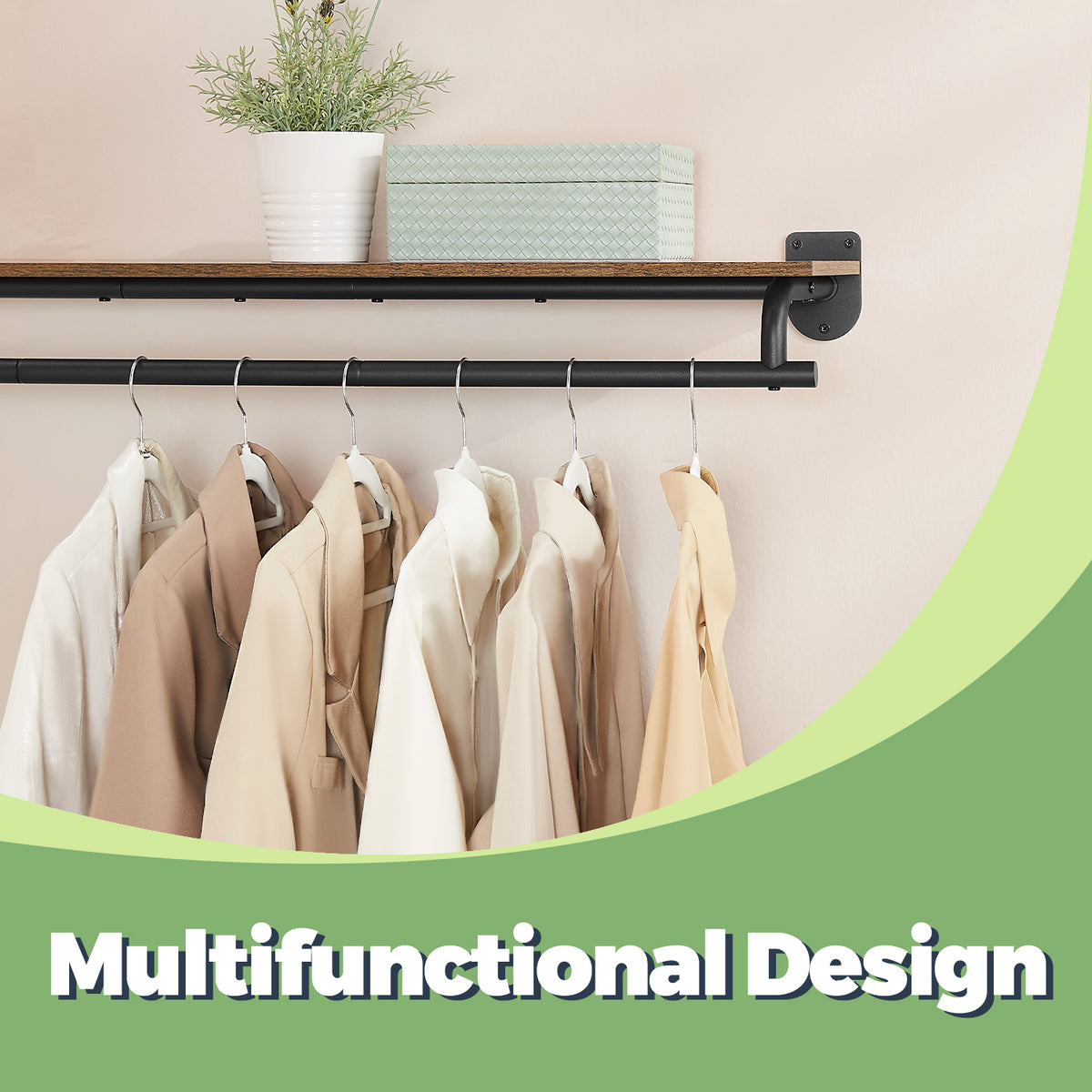 LEDREM Clothes Rack with Top Shelf, Wall Mounted Clothing Rack, with Hanging Rod, Entryway, Bedroom, Closet, Black and Tan