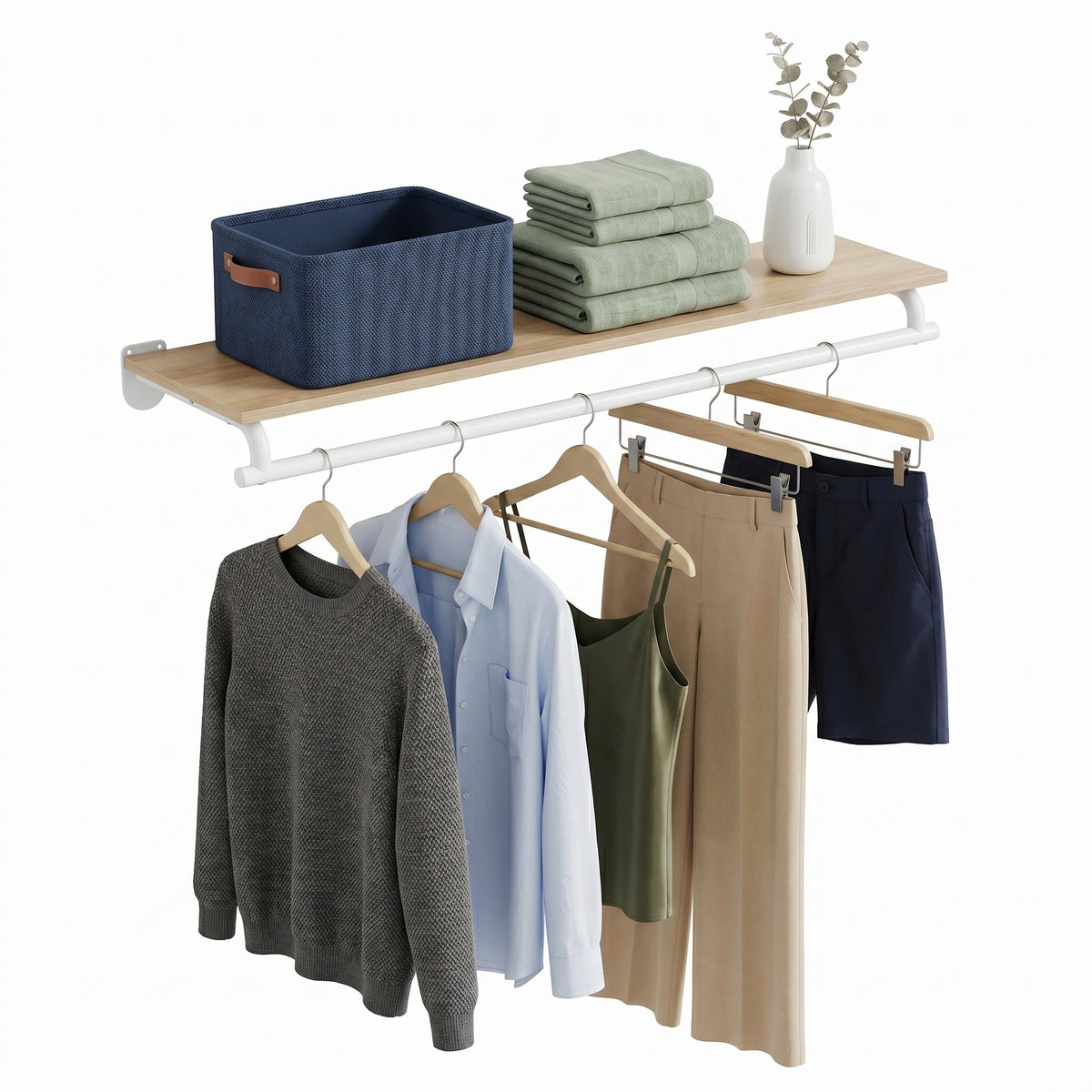 LEDREM Clothes Rack with Top Shelf, Wall Mounted Clothing Rack, with Hanging Rod, Entryway, Bedroom, Closet, White and Beige