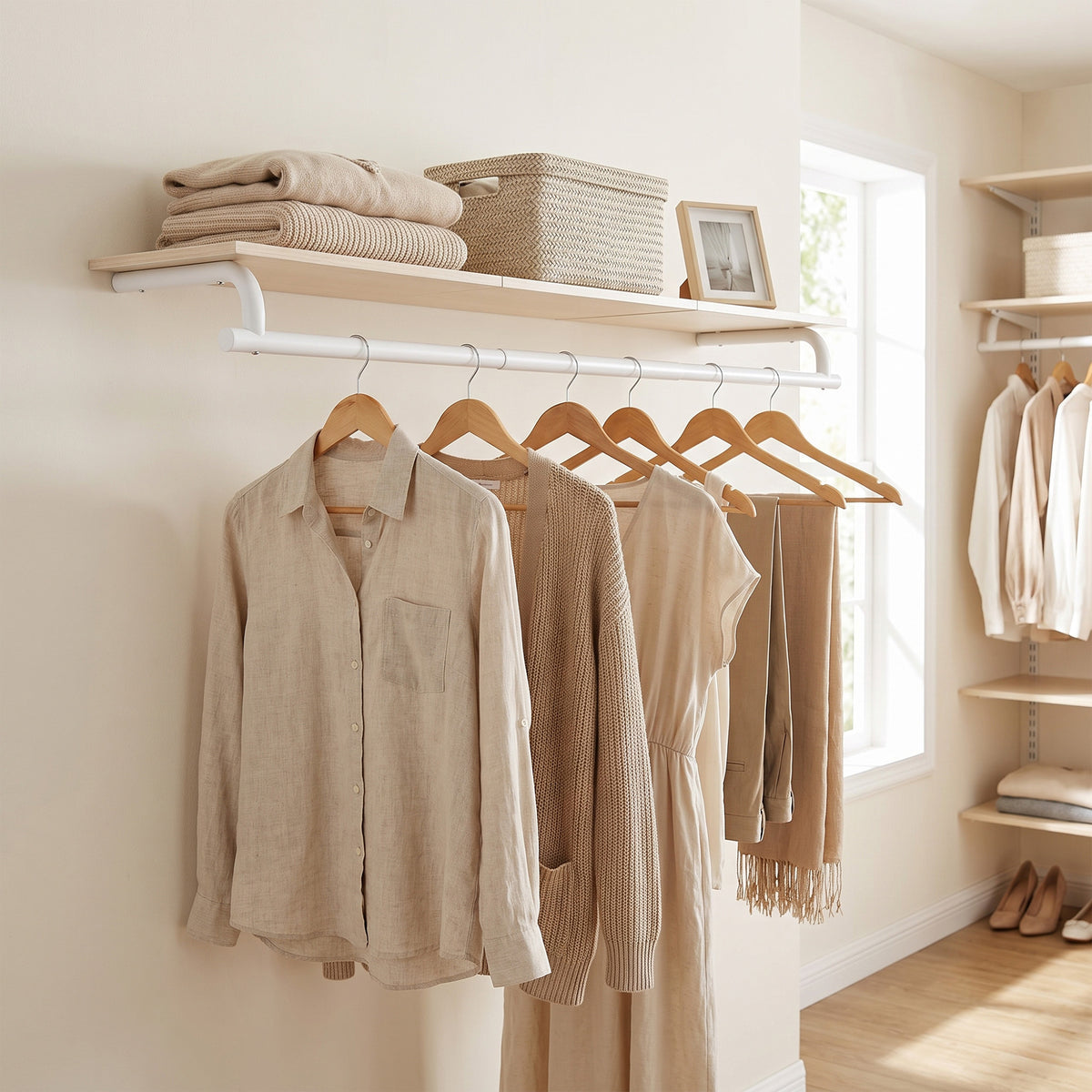 LEDREM Clothes Rack with Top Shelf, Wall Mounted Clothing Rack, with Hanging Rod, Entryway, Bedroom, Closet, White and Beige