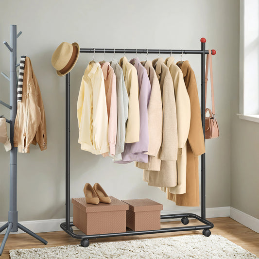 Portable Clothing Rack on Wheels with Matchstick Hooks, 66 lb Capacity, Brake-Enabled Swivel Casters, Ink Black