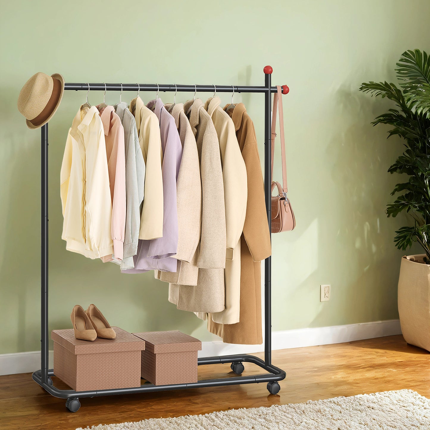 Portable Clothing Rack on Wheels with Matchstick Hooks, 66 lb Capacity, Brake-Enabled Swivel Casters, Ink Black