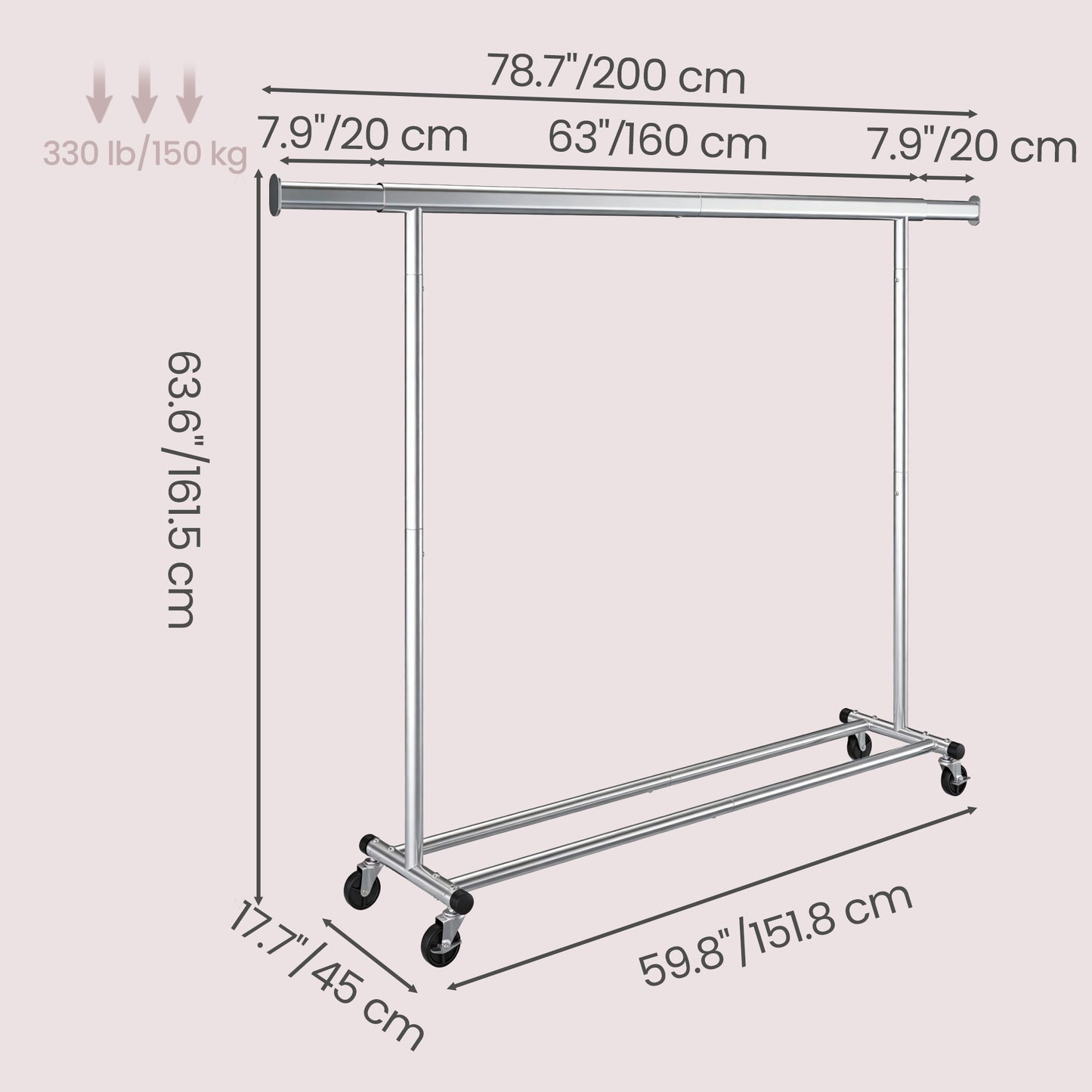 Heavy-Duty Rolling Clothes Rack, Extendable Garment Rack on Wheels with 330 lb Capacity, Steel Portable Wardrobe for Laundry, Silver