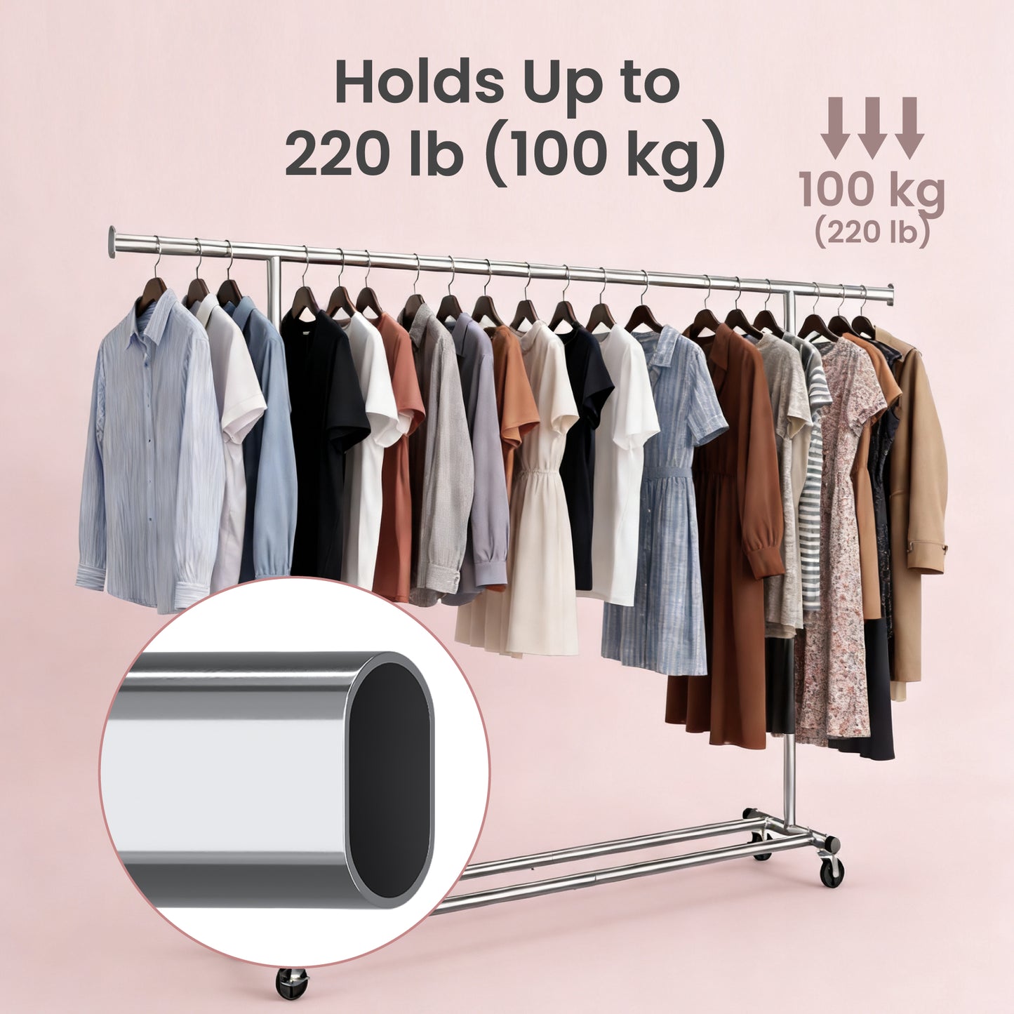 Heavy-Duty Rolling Clothes Rack, Extendable Garment Rack on Wheels with 330 lb Capacity, Steel Portable Wardrobe for Laundry, Silver