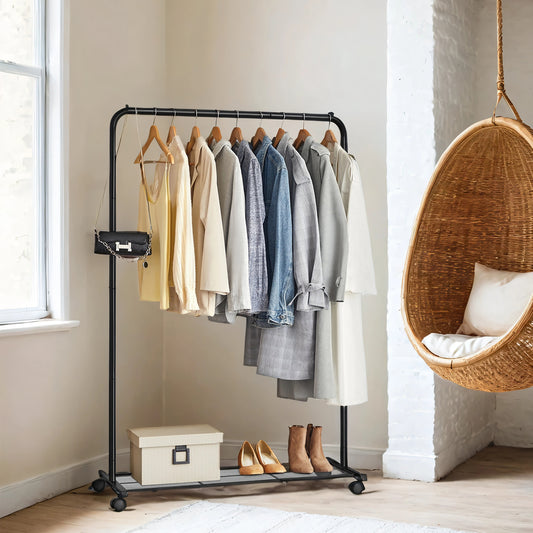 Heavy-Duty Garment Rack with Wheels & Storage Shelf, 25.4mm Steel Frame, 110lb Capacity, 2 Locking Casters, Holds 40+ Clothes, Black