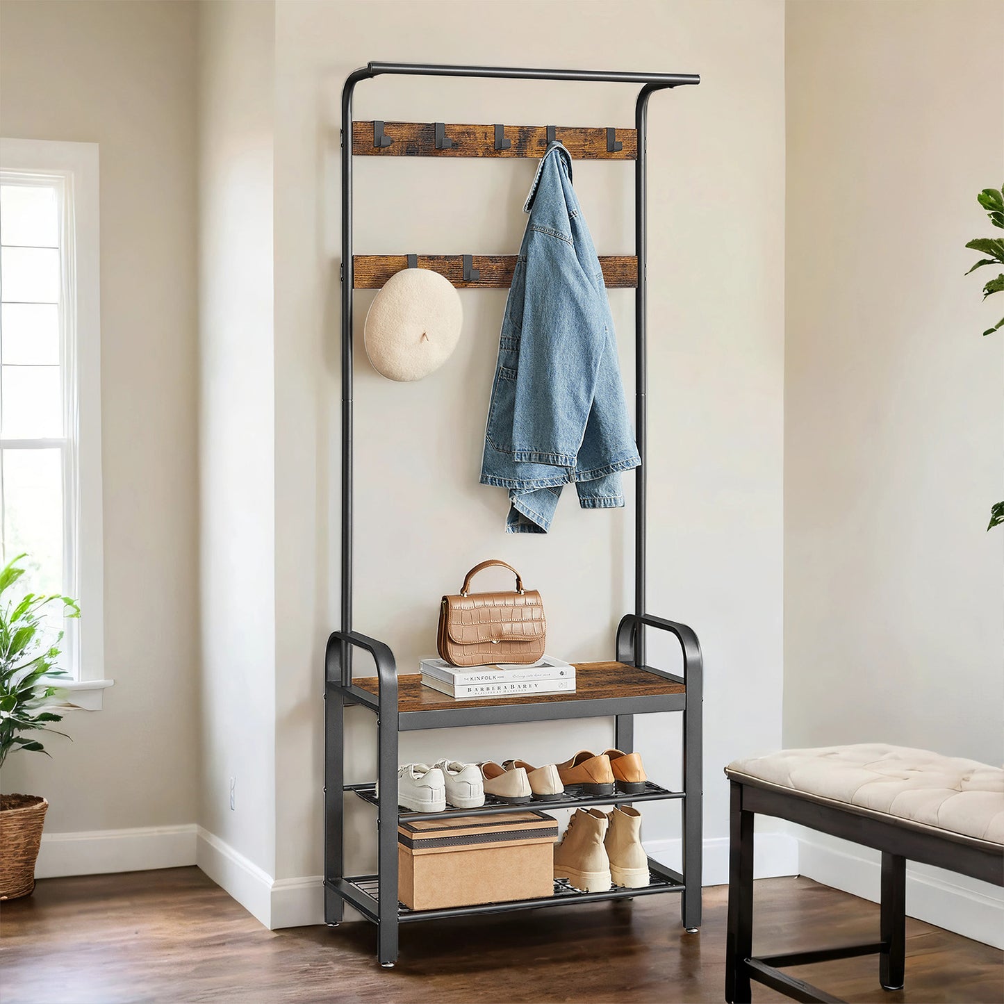 4-in-1 Hall Tree - Entryway Coat Rack with Shoe Bench, 9 Removable Hooks, 198lb Capacity, Rustic Brown and Black