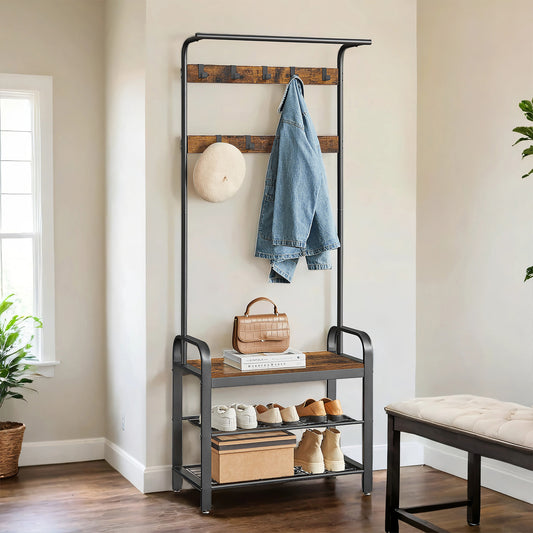 4-in-1 Hall Tree - Entryway Coat Rack with Shoe Bench, 9 Removable Hooks, 198lb Capacity, Rustic Brown and Black