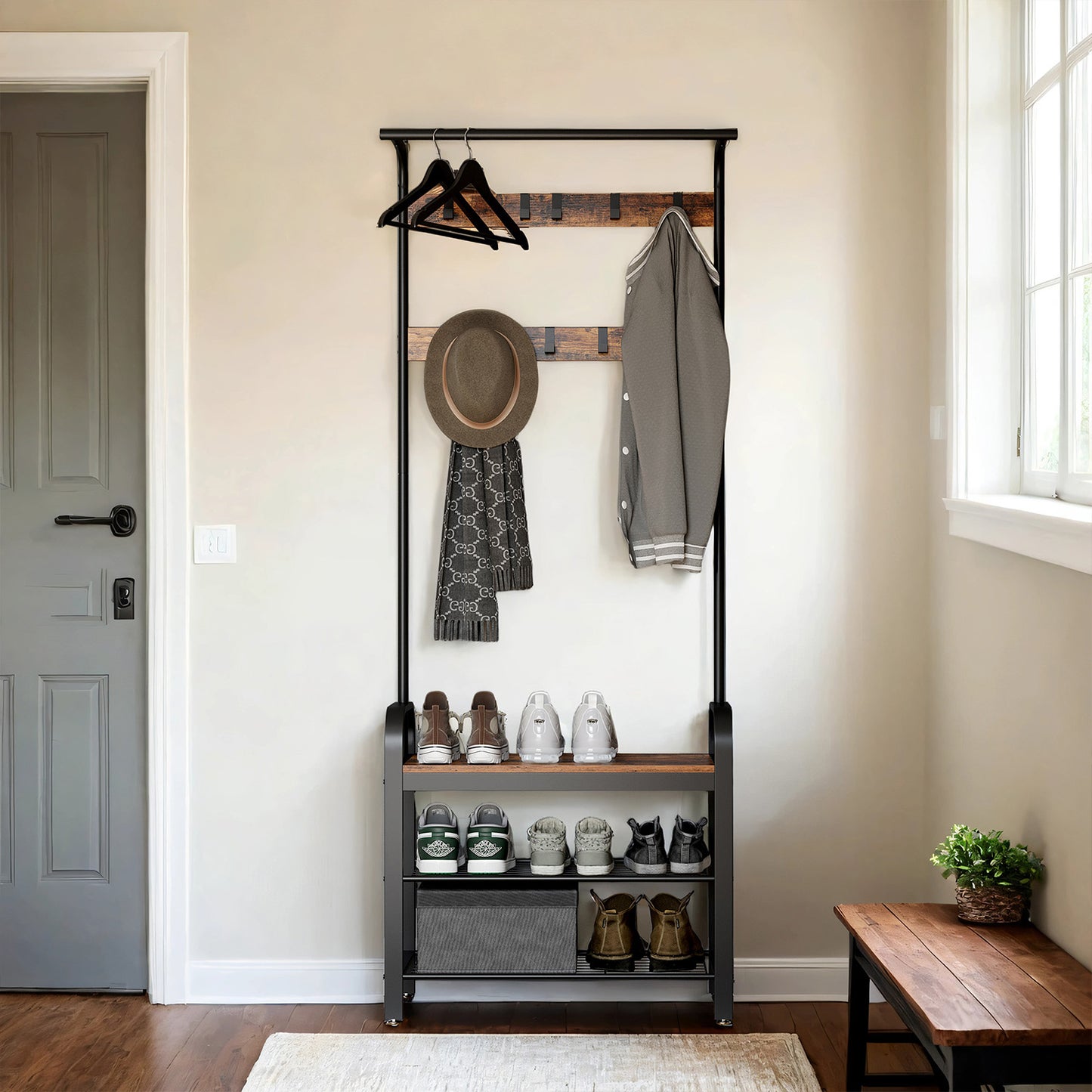 4-in-1 Hall Tree - Entryway Coat Rack with Shoe Bench, 9 Removable Hooks, 198lb Capacity, Rustic Brown and Black