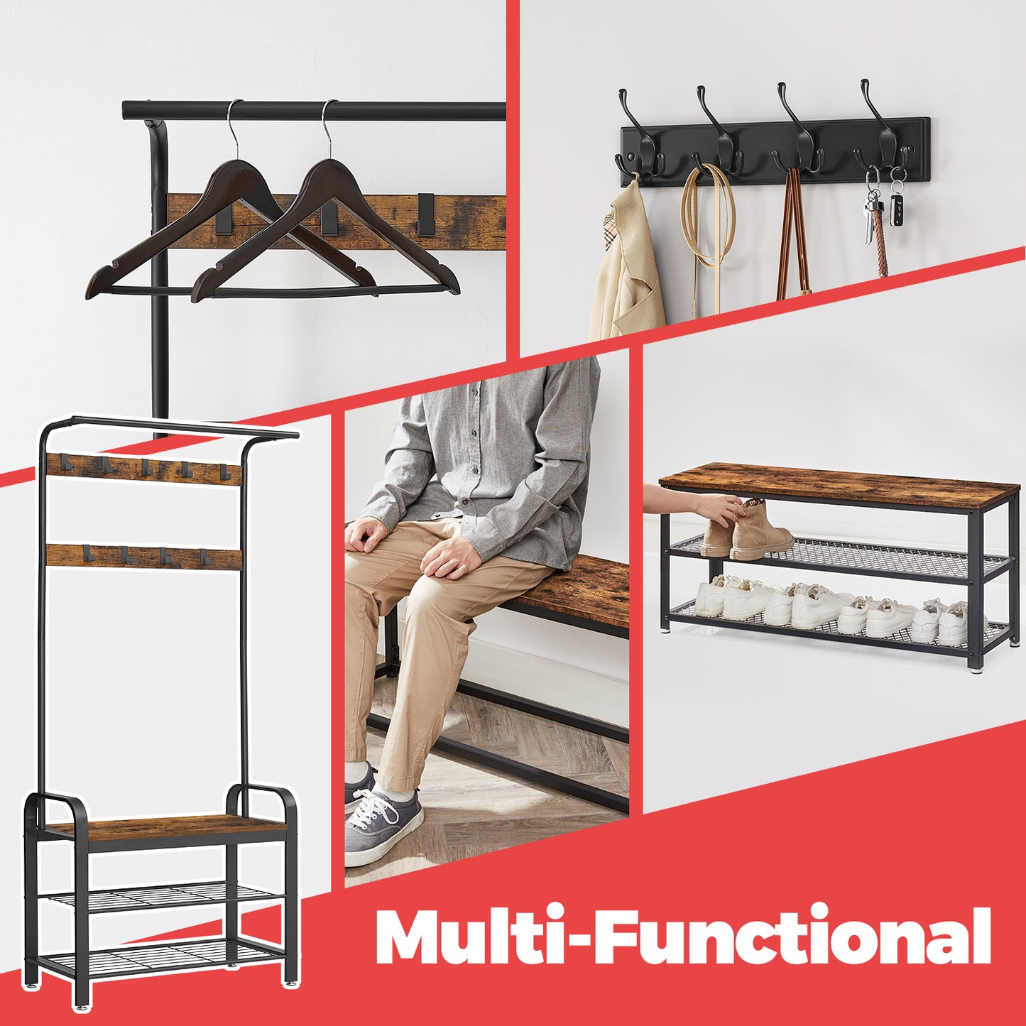 4-in-1 Hall Tree - Entryway Coat Rack with Shoe Bench, 9 Removable Hooks, 198lb Capacity, Rustic Brown and Black