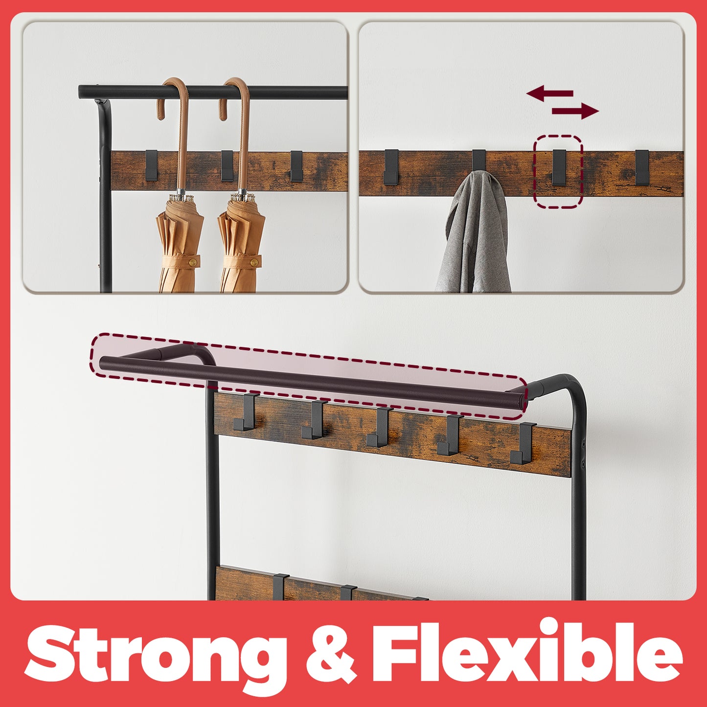 4-in-1 Hall Tree - Entryway Coat Rack with Shoe Bench, 9 Removable Hooks, 198lb Capacity, Rustic Brown and Black