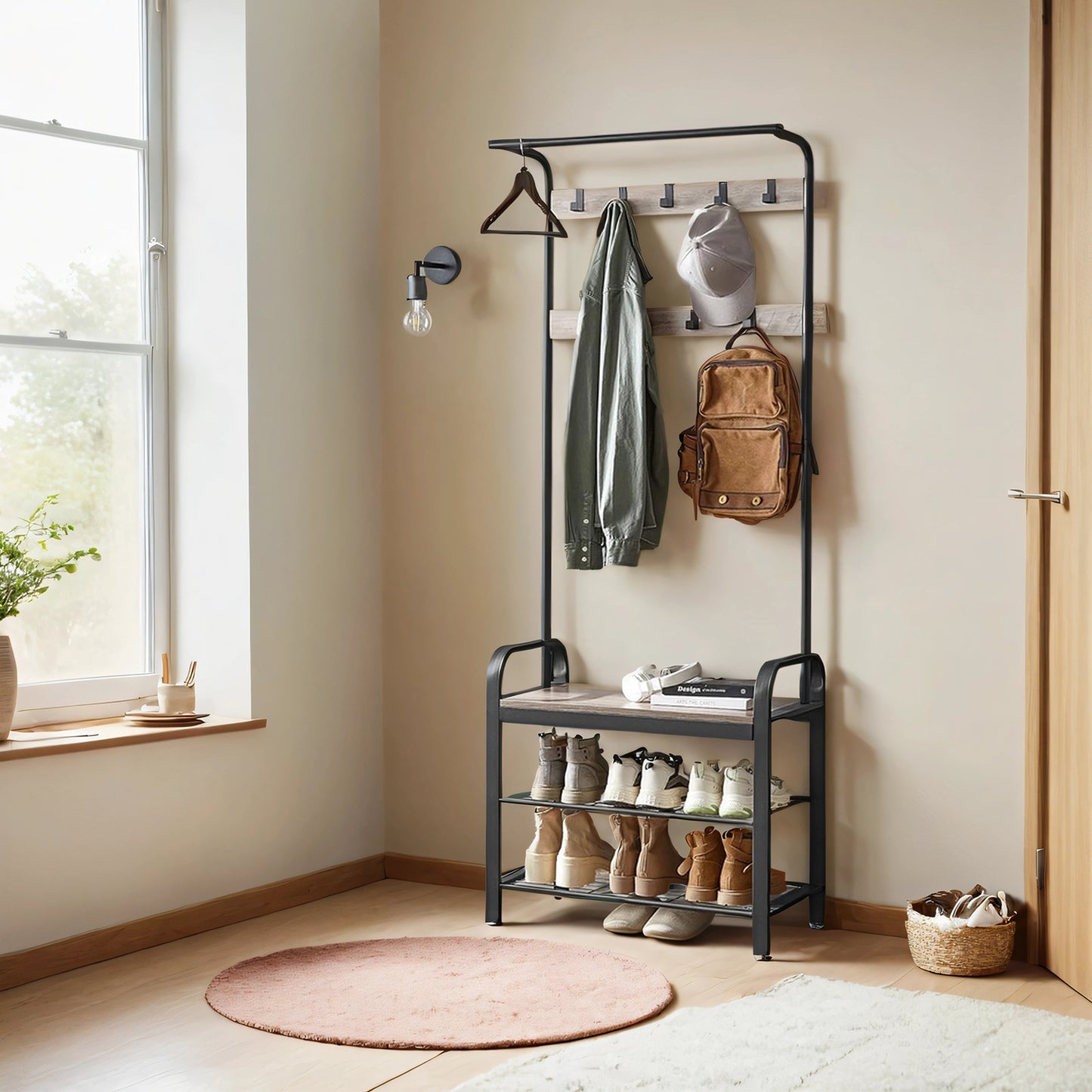 4-in-1 Hall Tree - Entryway Coat Rack with Shoe Bench, 9 Adjustable Hooks, 198lb Capacity, Greige and Black