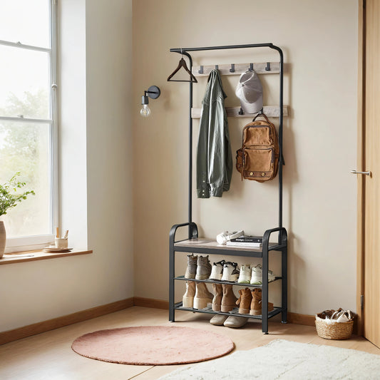 4-in-1 Hall Tree - Entryway Coat Rack with Shoe Bench, 9 Adjustable Hooks, 198lb Capacity, Greige and Black