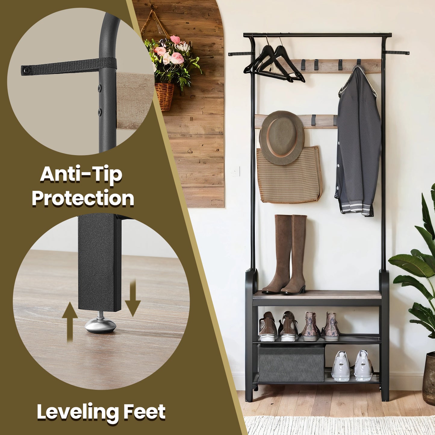 4-in-1 Hall Tree - Entryway Coat Rack with Shoe Bench, 9 Adjustable Hooks, 198lb Capacity, Greige and Black