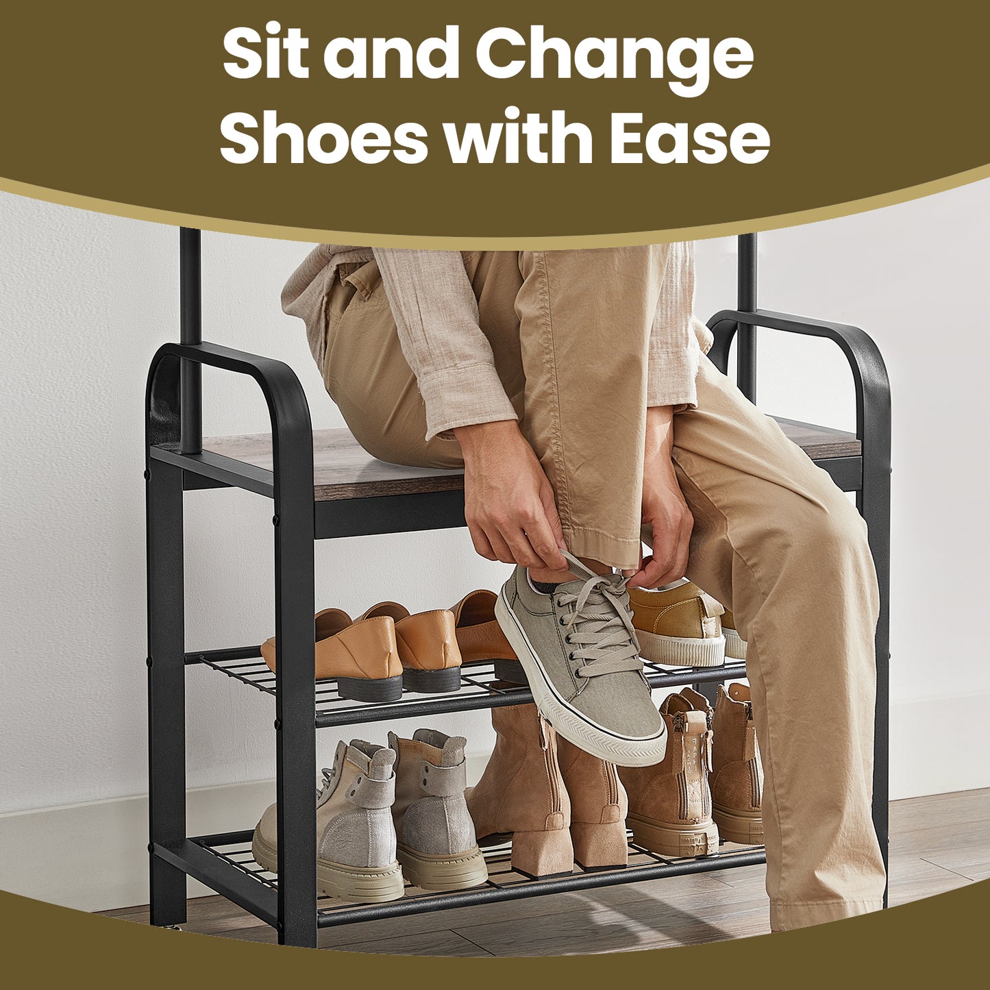4-in-1 Hall Tree - Entryway Coat Rack with Shoe Bench, 9 Adjustable Hooks, 198lb Capacity, Greige and Black