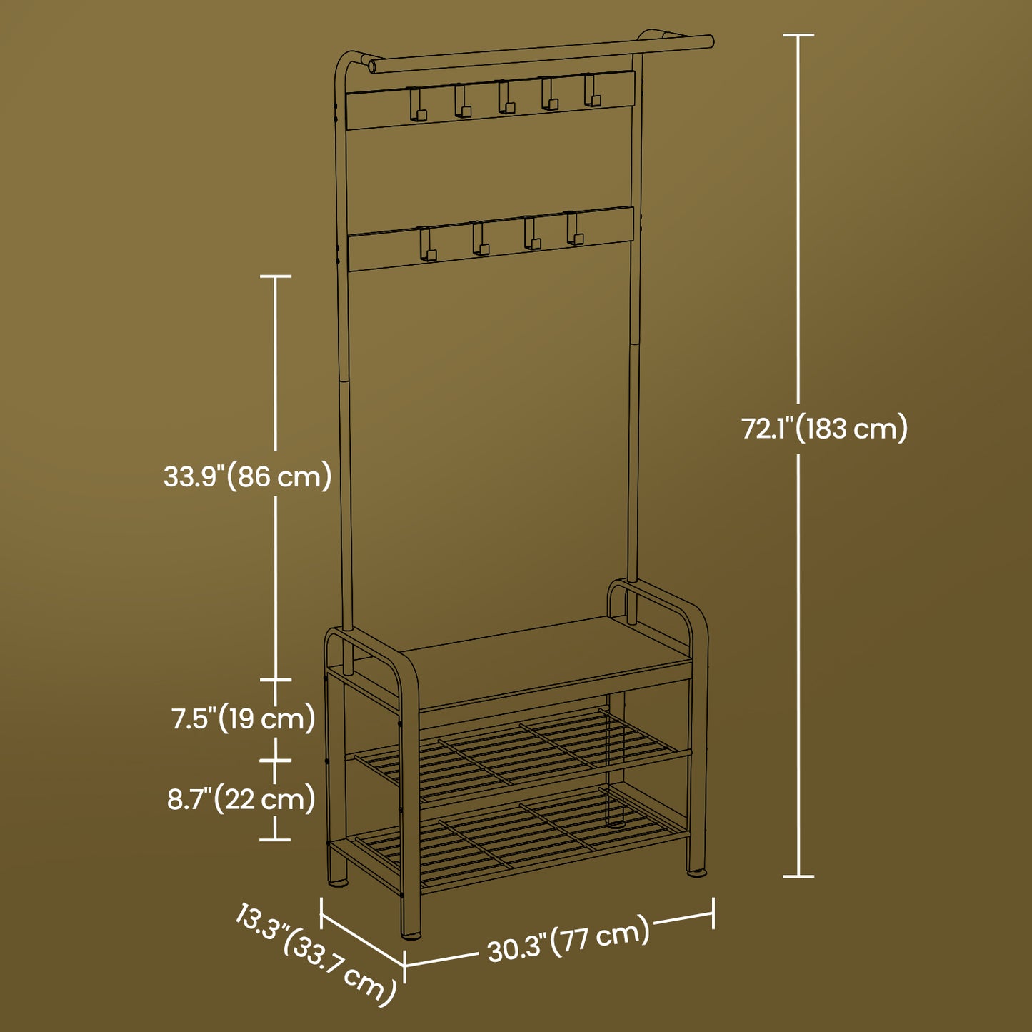 4-in-1 Hall Tree - Entryway Coat Rack with Shoe Bench, 9 Adjustable Hooks, 198lb Capacity, Greige and Black