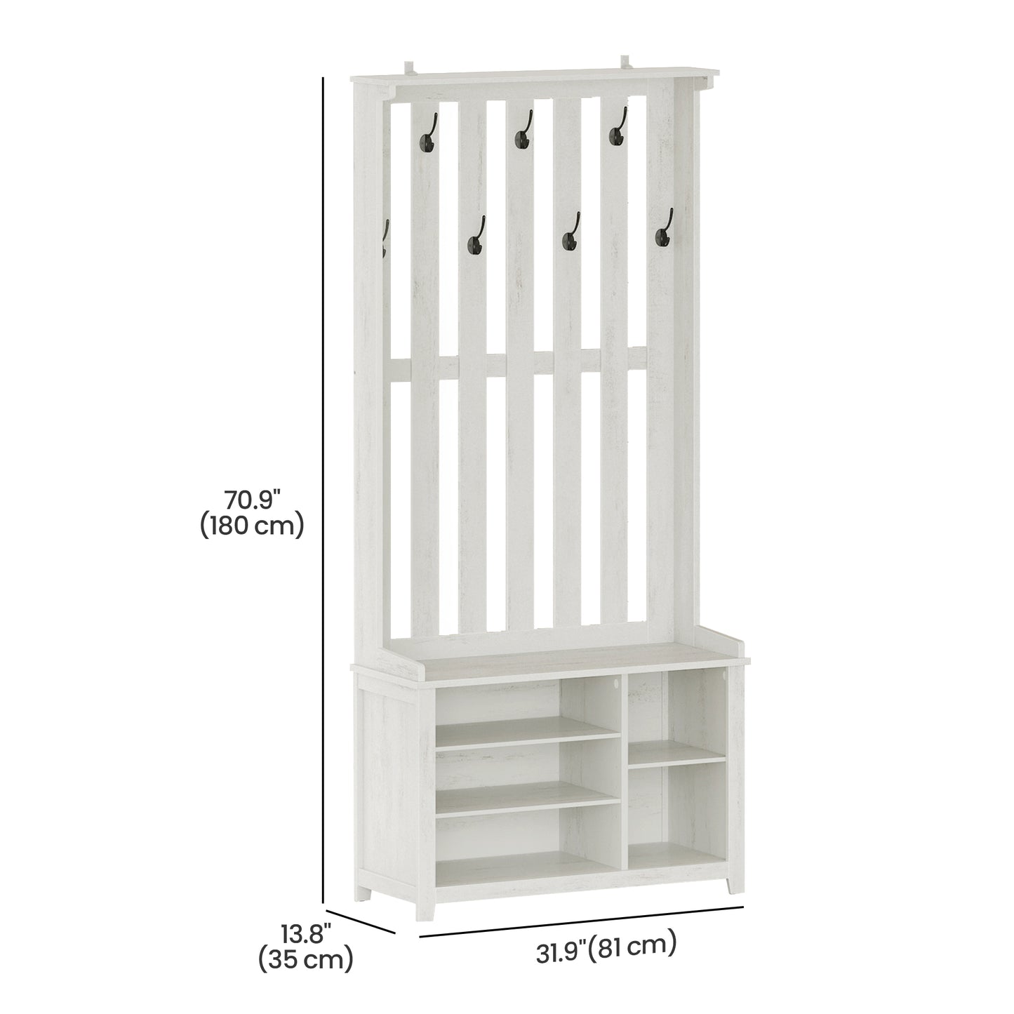 Hall Tree with Bench & Shoe Storage, Coat Rack with 7 Double Hooks & Adjustable Shelf, for Entryway, Bedroom, 70.9 x 31.9 x 13.8 Inches, Rustic White