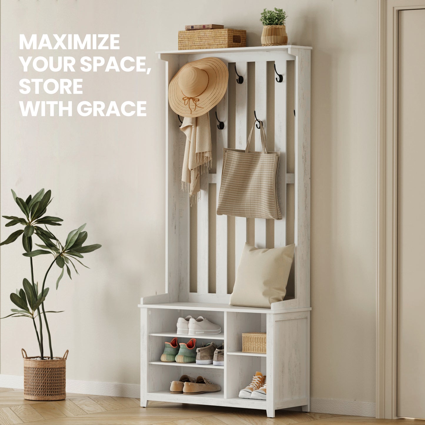 Hall Tree with Bench & Shoe Storage, Coat Rack with 7 Double Hooks & Adjustable Shelf, for Entryway, Bedroom, 70.9 x 31.9 x 13.8 Inches, Rustic White