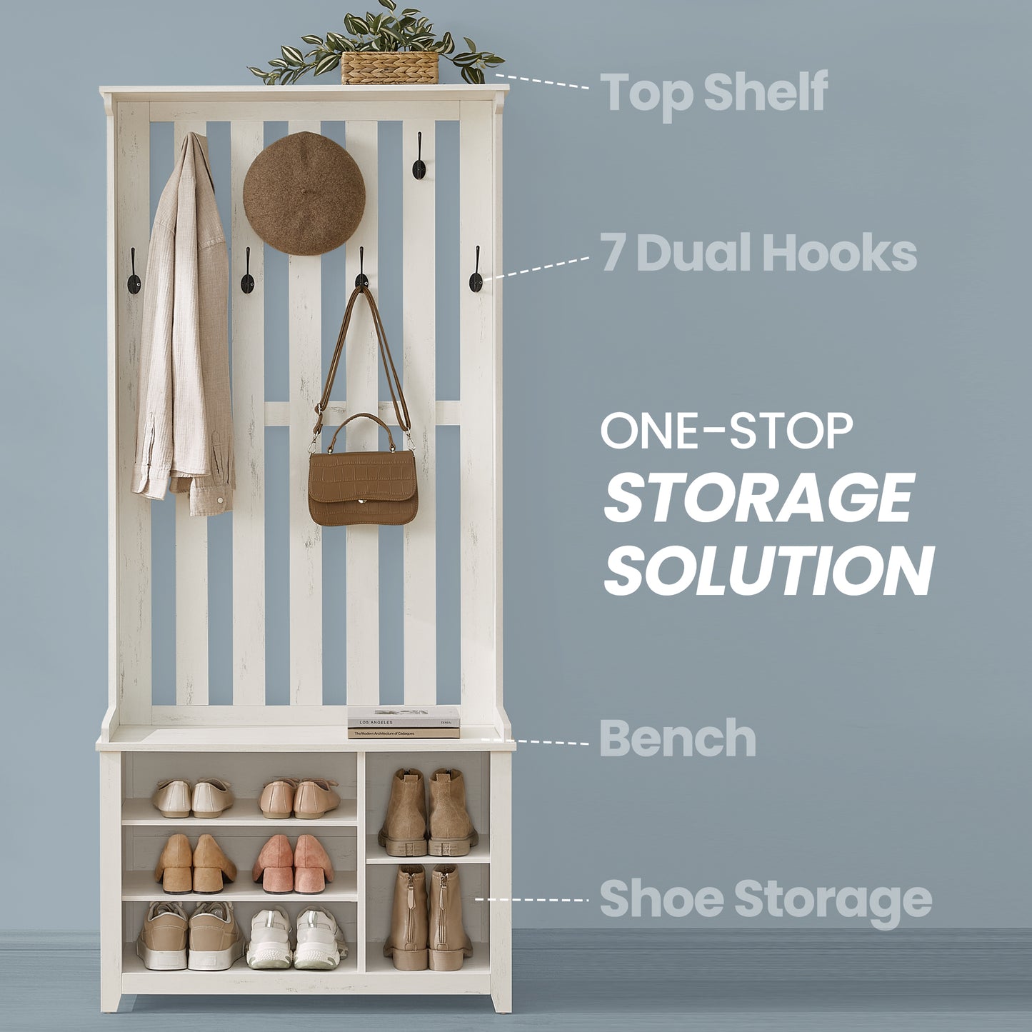 Hall Tree with Bench & Shoe Storage, Coat Rack with 7 Double Hooks & Adjustable Shelf, for Entryway, Bedroom, 70.9 x 31.9 x 13.8 Inches, Rustic White