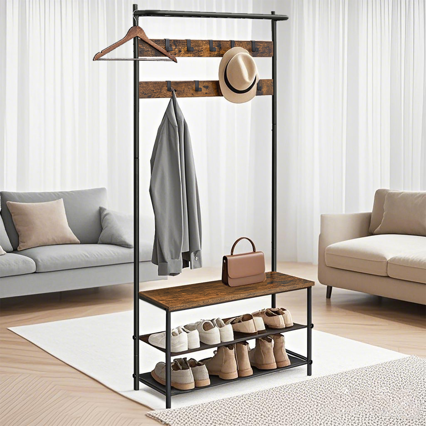 Hall Tree Entryway Bench with Shoe Storage, 9 Hooks and Fabric Shelves, Coat Rack and Shoe Rack, Rustic Brown and Black