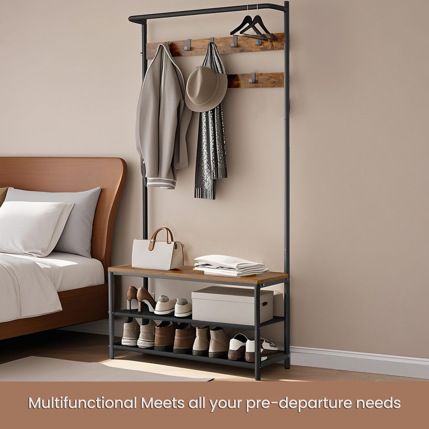 Hall Tree Entryway Bench with Shoe Storage, 9 Hooks and Fabric Shelves, Coat Rack and Shoe Rack, Rustic Brown and Black