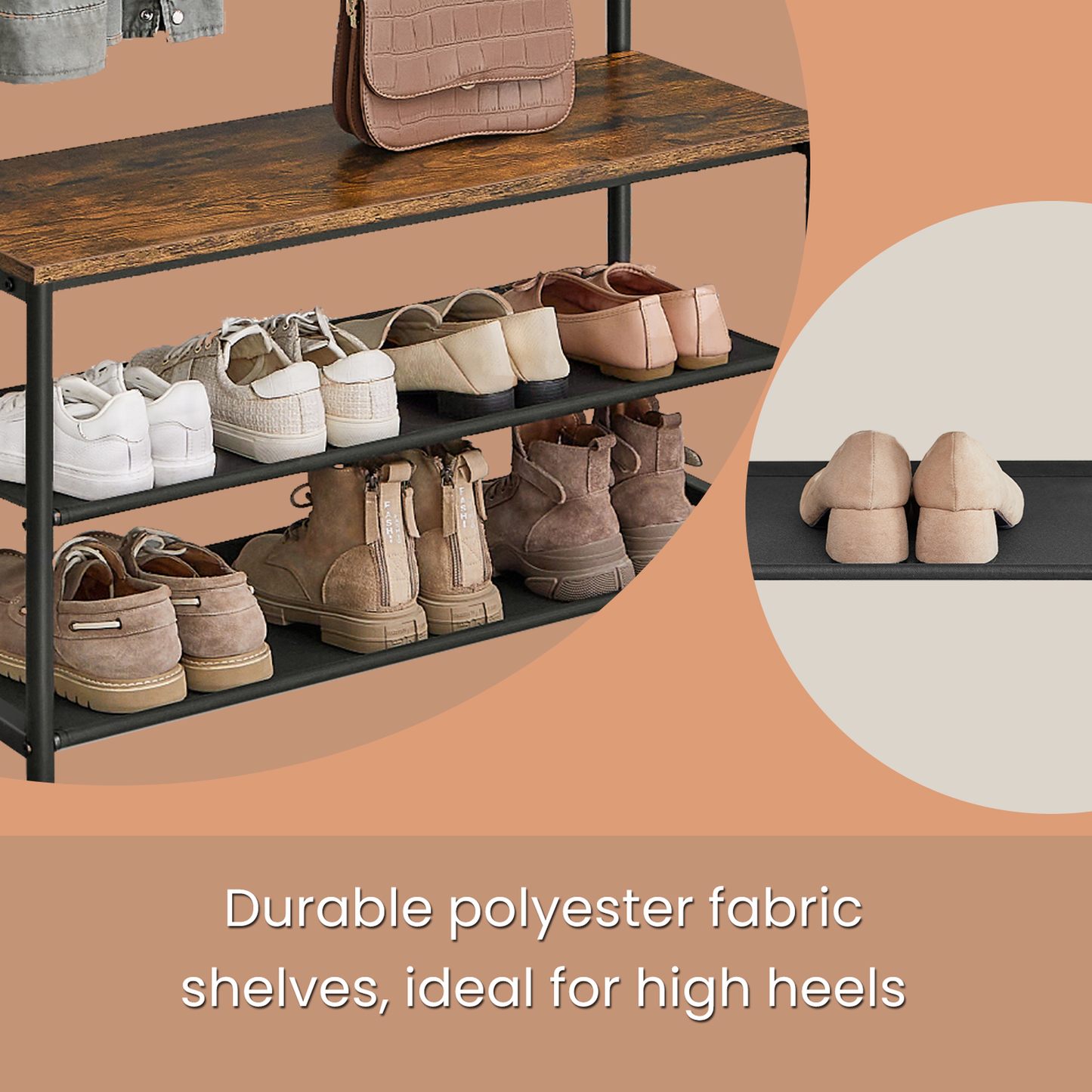 Hall Tree Entryway Bench with Shoe Storage, 9 Hooks and Fabric Shelves, Coat Rack and Shoe Rack, Rustic Brown and Black