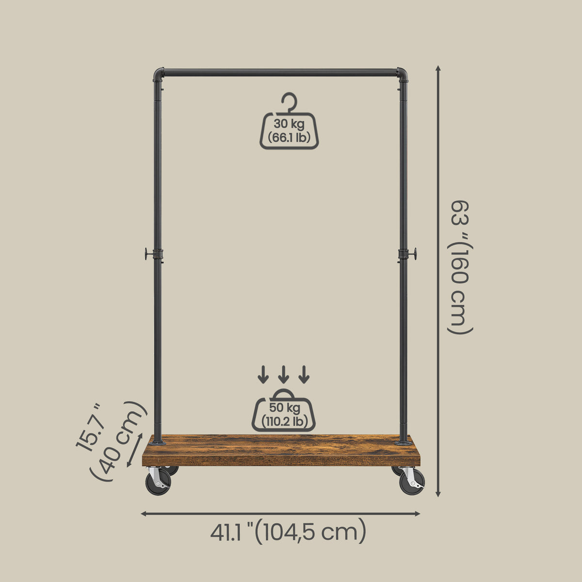 LEDREM Heavy-Duty Clothes Rack, Garment Rack with 38.8 Inches Hanging Rail, Bottom Storage Shelf, Rustic Brown and Black