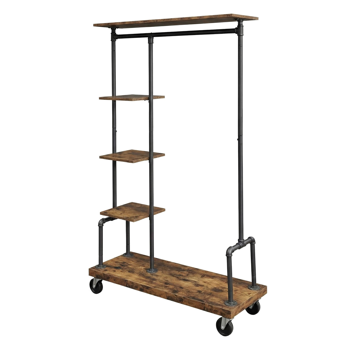 LEDREM Industrial Pipe Clothes Rack with Shelves, Heavy Duty Rolling Garment Rack, 40.7 x 15.7 x 68.7 inches, Rustic Brown